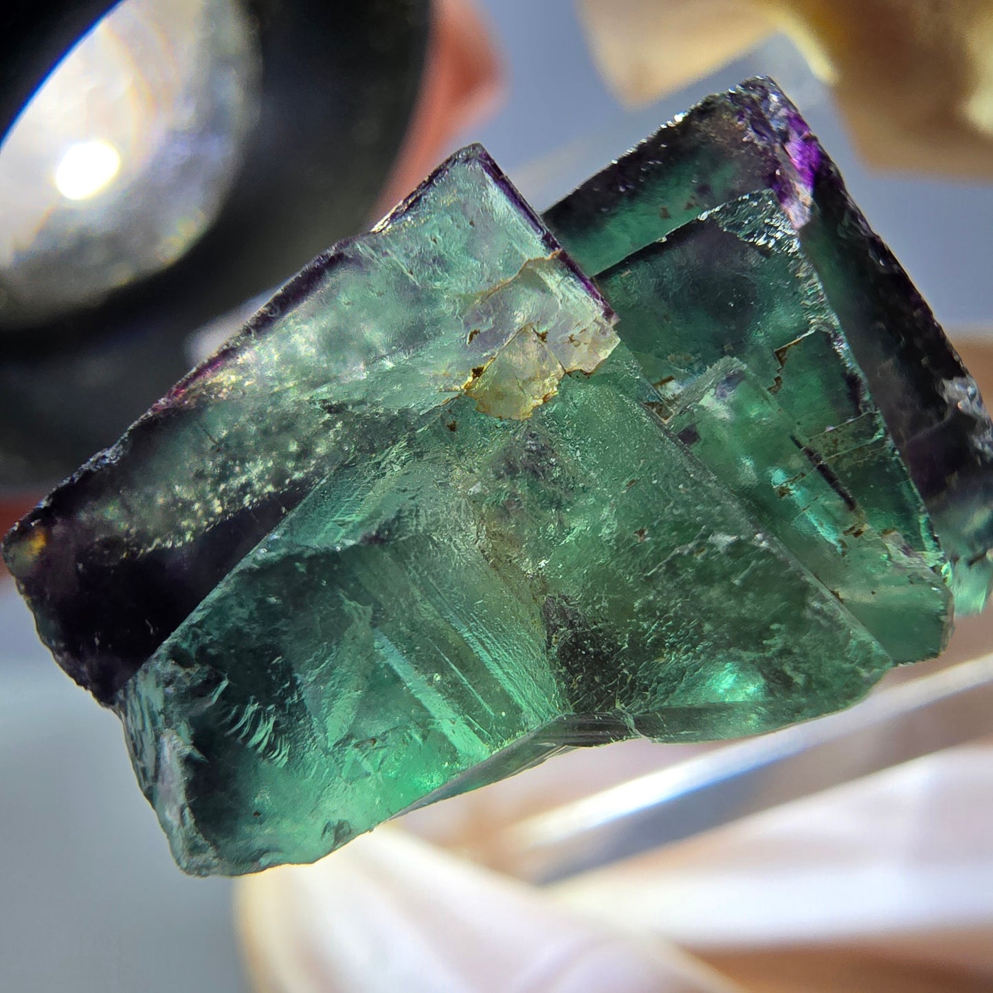 Spécimen de cube de fluorite fantôme, vert violet, Okorusu, Namibie, 26 x 21 x 15 mm