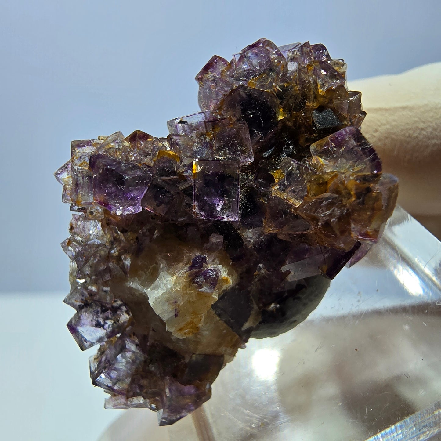 Spécimen de cube de fluorite fantôme, violet-jaune, Okorusu, Namibie, 36 x 27 x 15 mm