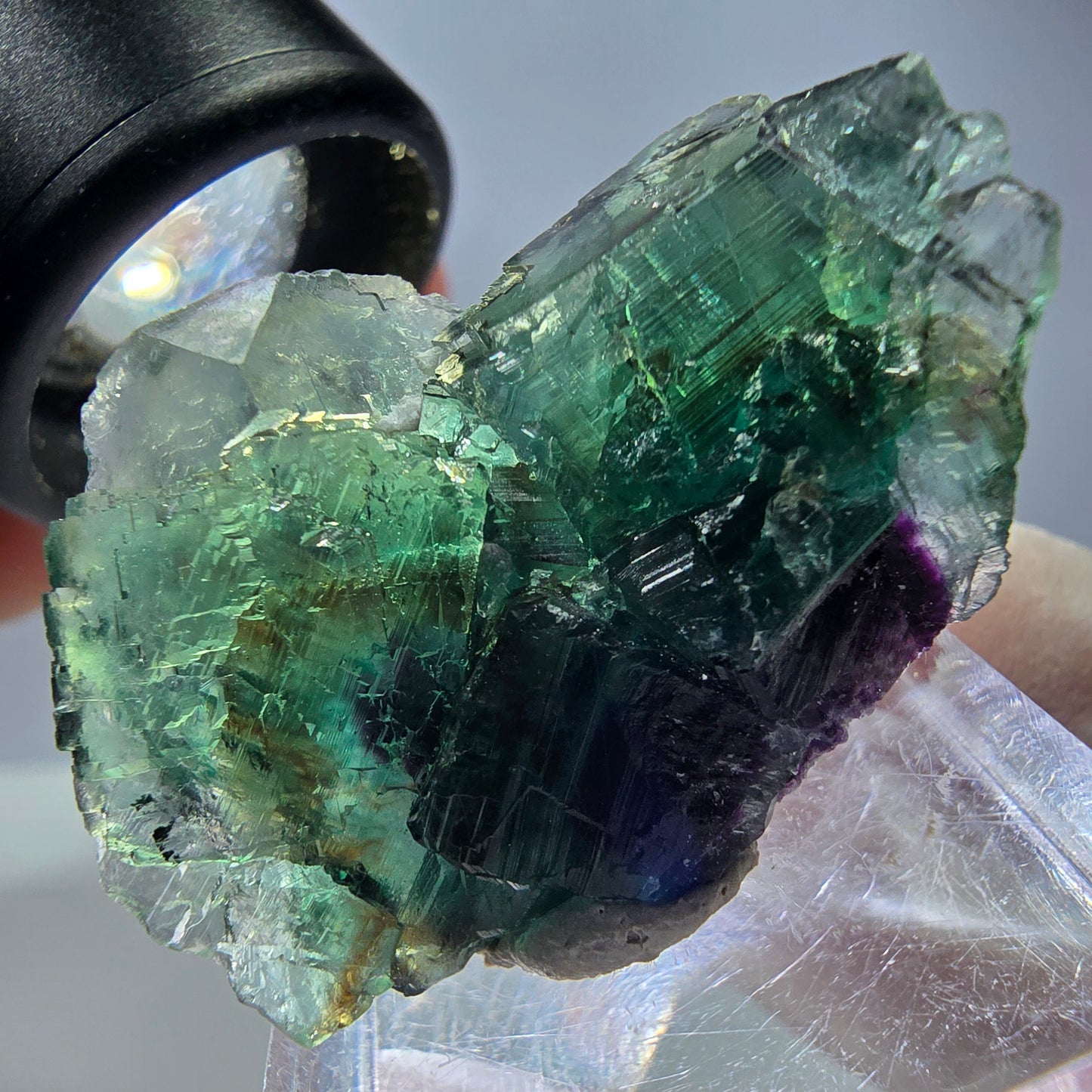 Spécimen de cube de fluorite fantôme, vert violet, Okorusu, Namibie, 36 x 25 x 15 mm