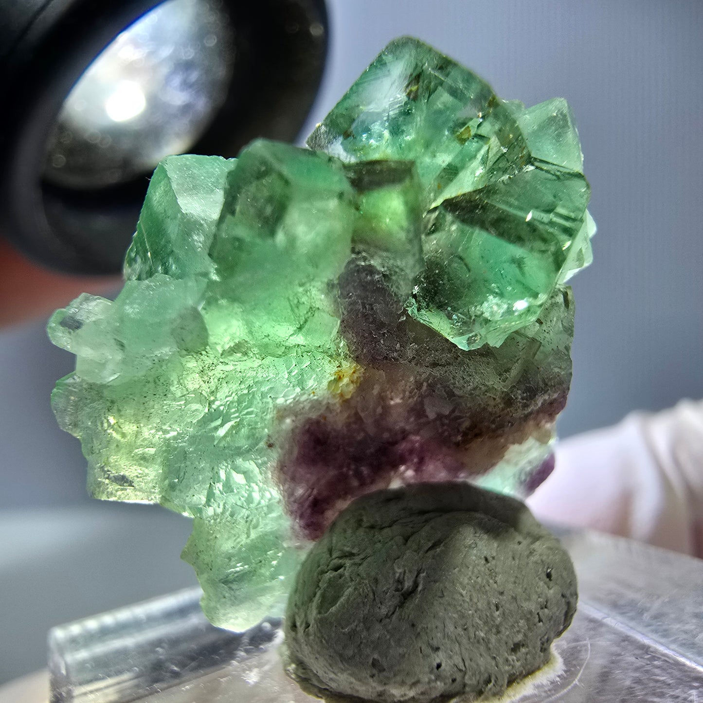 Spécimen de cube de fluorite fantôme, vert violet, Okorusu, Namibie, 25 x 24 x 15 mm