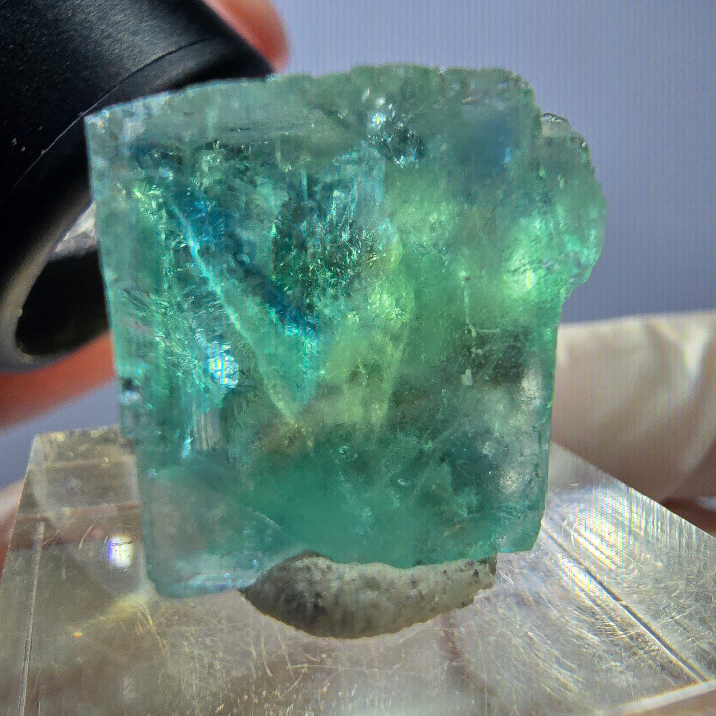 Cube de fluorite fantôme transparente parquetée, vert Okorusu, Namibie 20 x 18 x 15 mm
