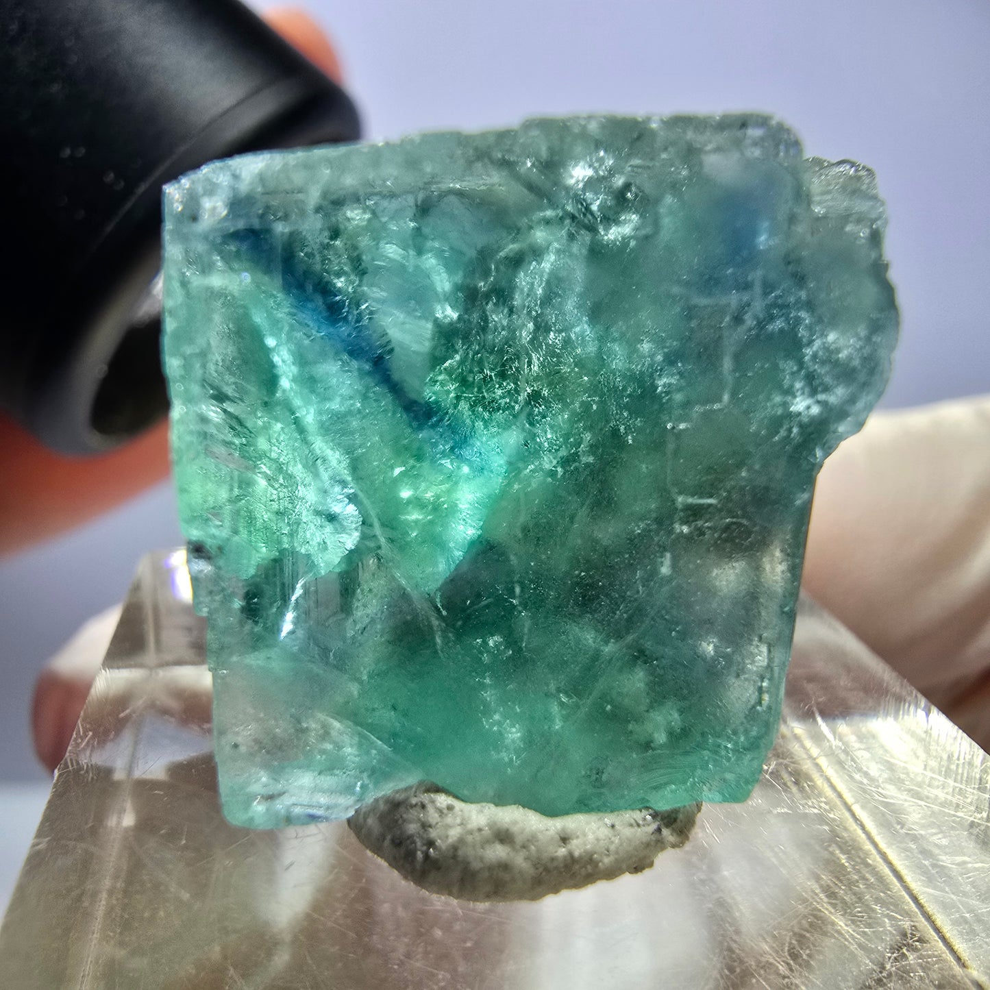 Cube de fluorite fantôme transparente parquetée, vert Okorusu, Namibie 20 x 18 x 15 mm
