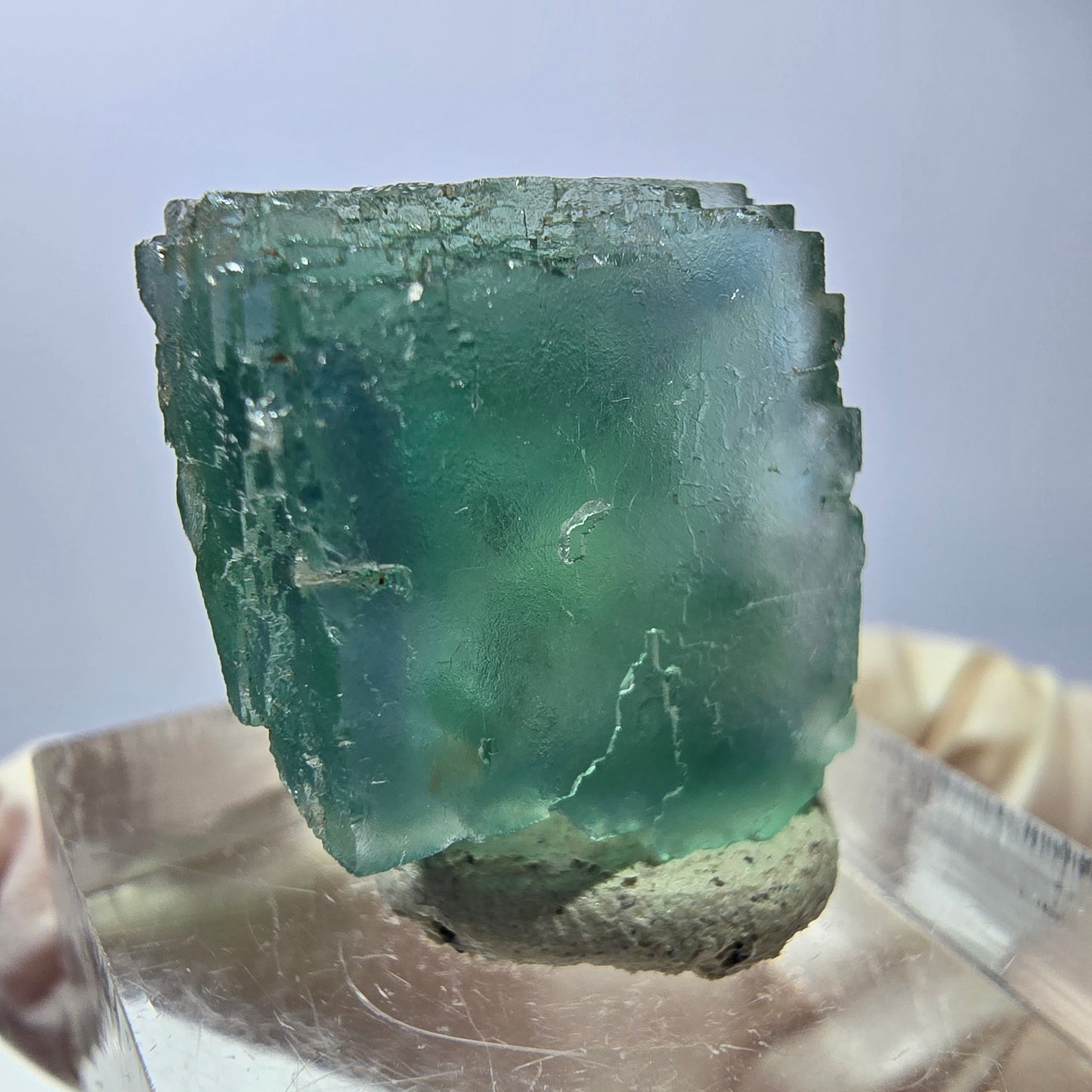 Cube de fluorite fantôme transparente parquetée, vert Okorusu, Namibie 19 x 18 x 15 mm