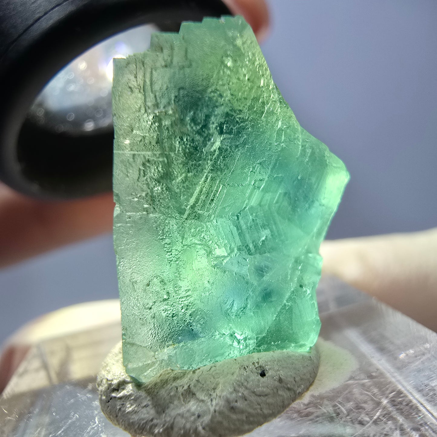 Cube de fluorite fantôme transparente parquetée, vert Okorusu, Namibie 19 x 18 x 15 mm