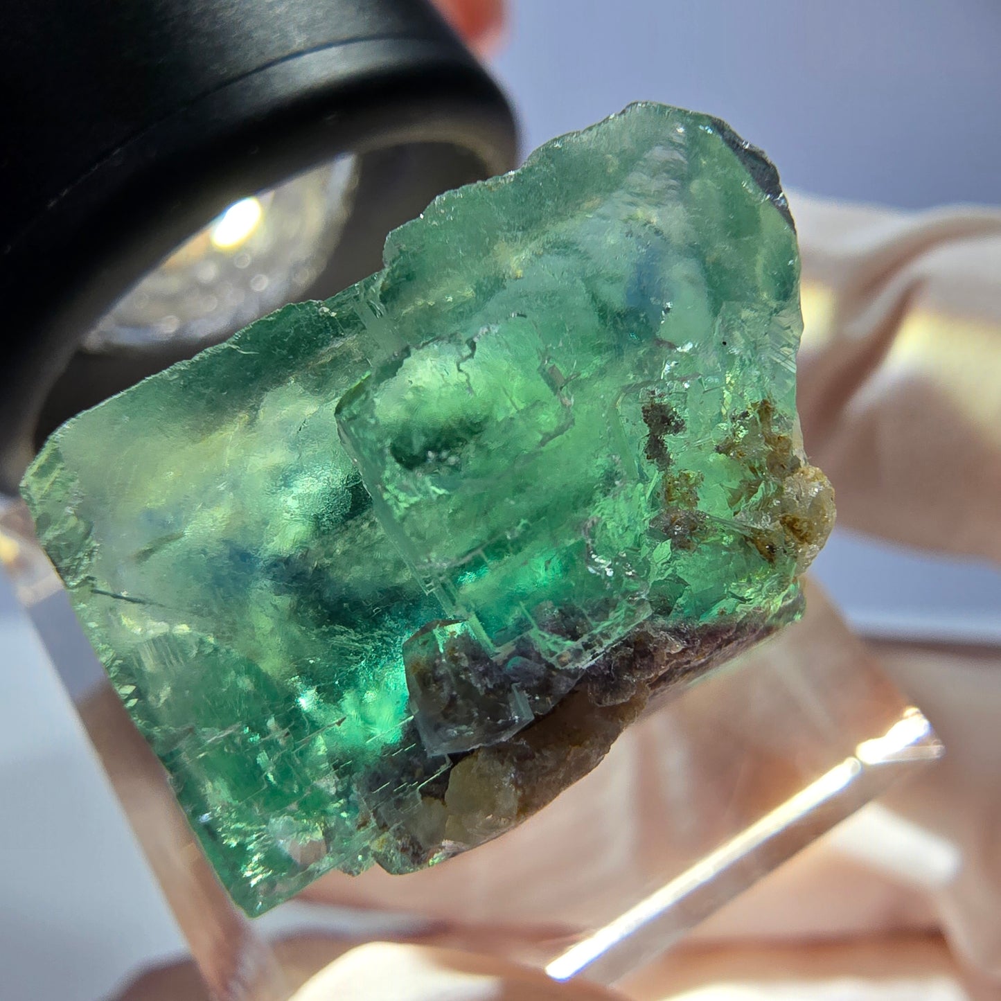 Cube de fluorite fantôme transparente parquetée, vert Okorusu, Namibie 20 x 19 x 15 mm