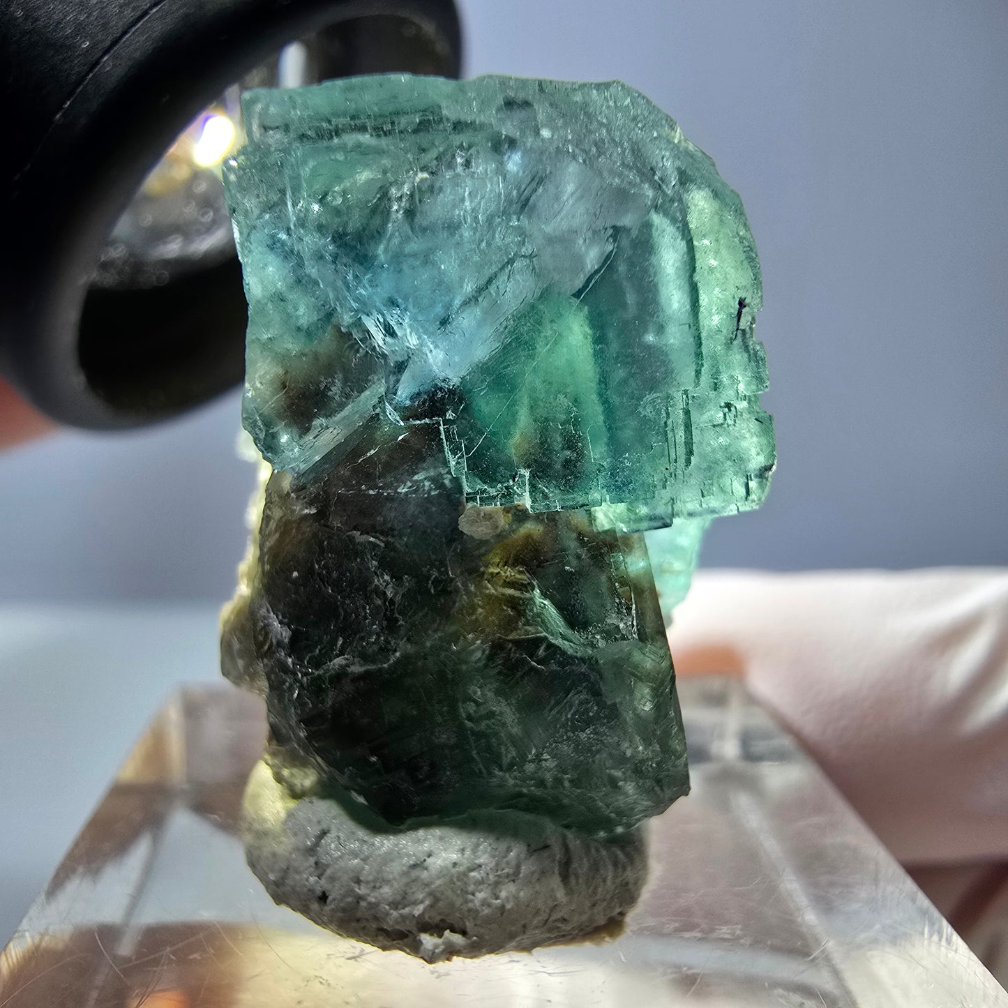 Cube de fluorite fantôme transparente parquetée, vert Okorusu, Namibie 25 x 19 x 15 mm