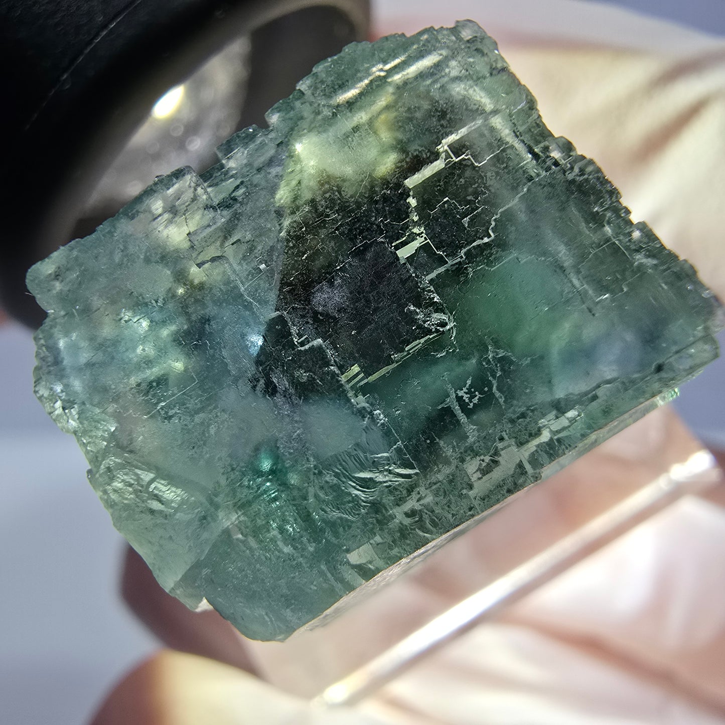 Cube de fluorite fantôme transparente parquetée, vert Okorusu, Namibie 25 x 19 x 15 mm