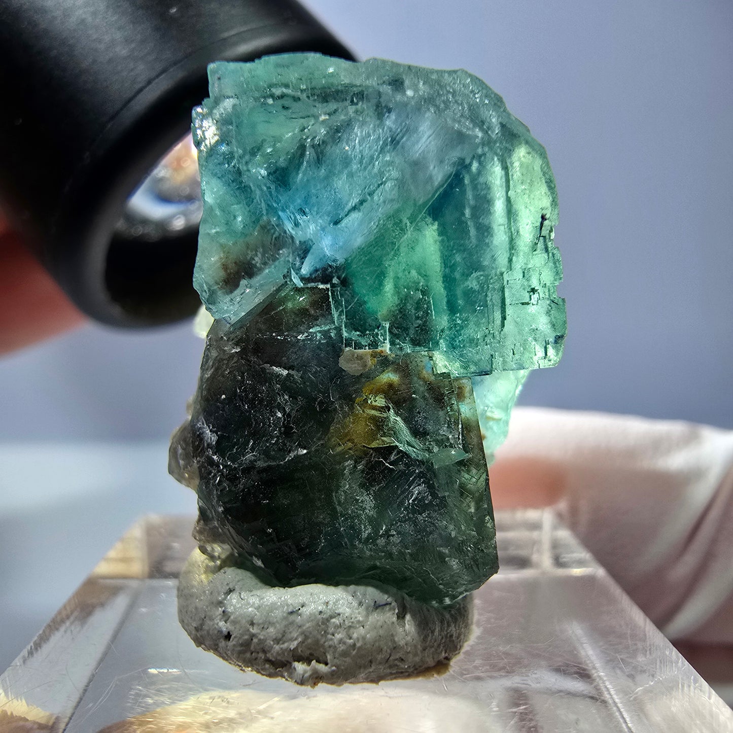 Cube de fluorite fantôme transparente parquetée, vert Okorusu, Namibie 25 x 19 x 15 mm