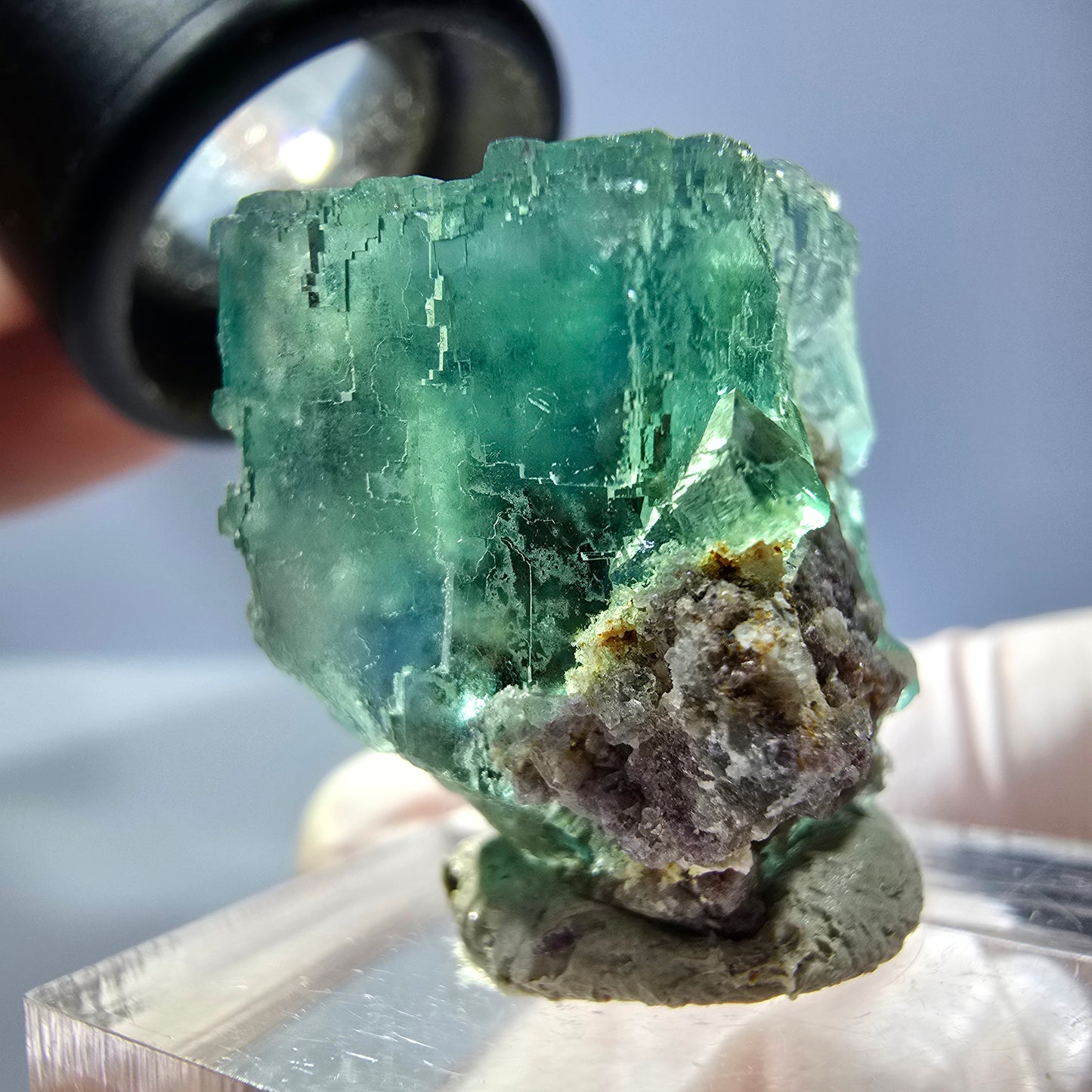 Cube de fluorite fantôme transparente parquetée, vert Okorusu, Namibie 25 x 19 x 15 mm