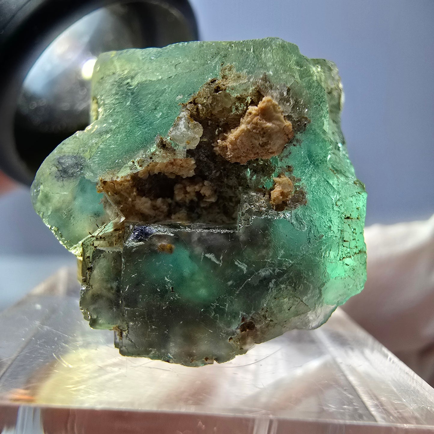 Cube de fluorite fantôme transparente parquetée, vert Okorusu, Namibie 21 x 19 x 19 mm