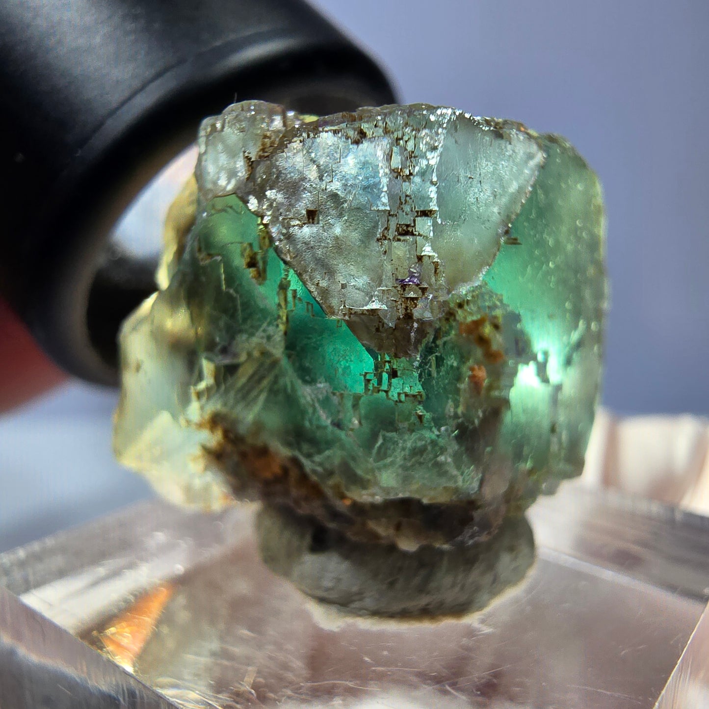 Cube de fluorite fantôme transparente parquetée, vert Okorusu, Namibie 21 x 19 x 19 mm