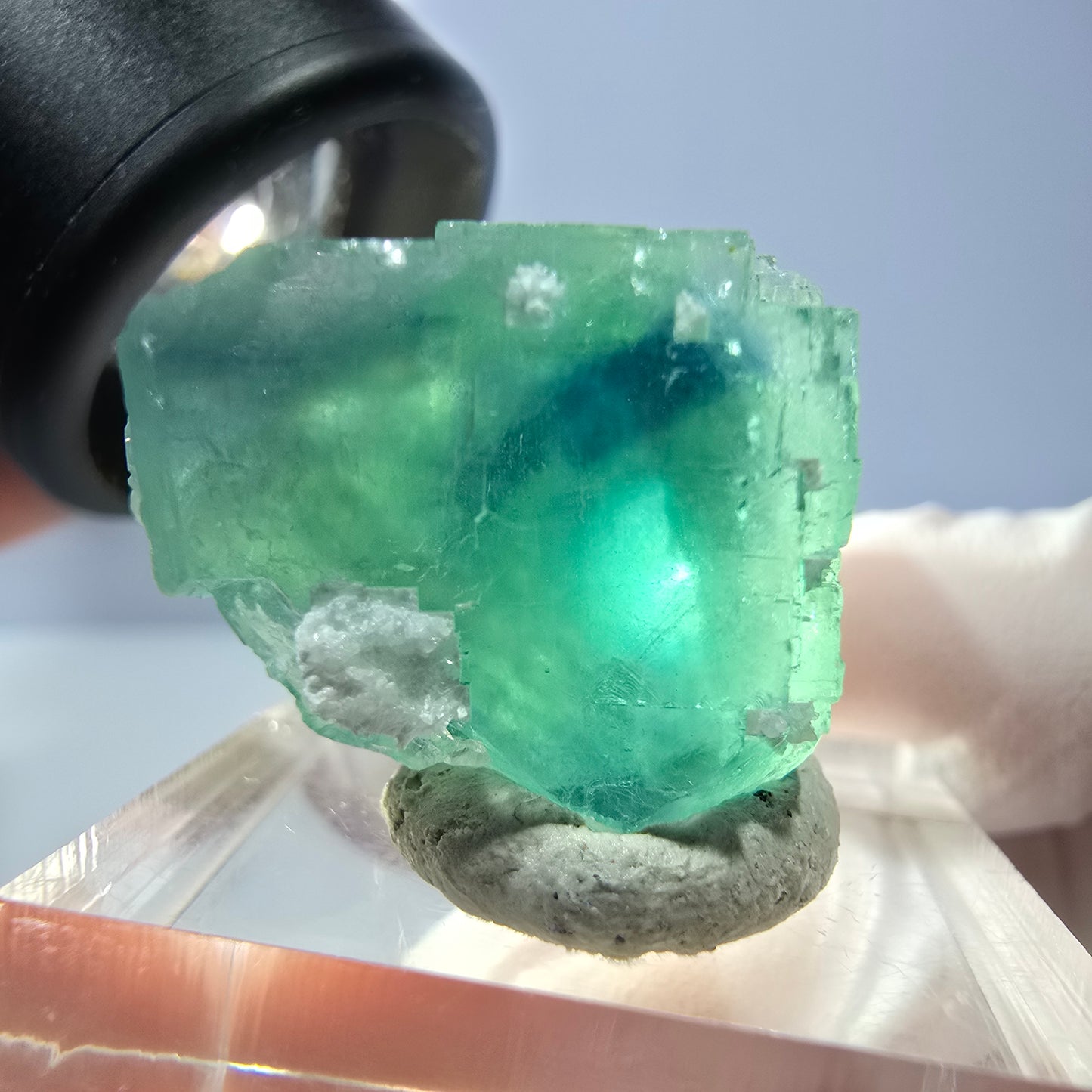 Cube de fluorite fantôme transparente parquetée, vert Okorusu, Namibie 28 x 23 x 18 mm