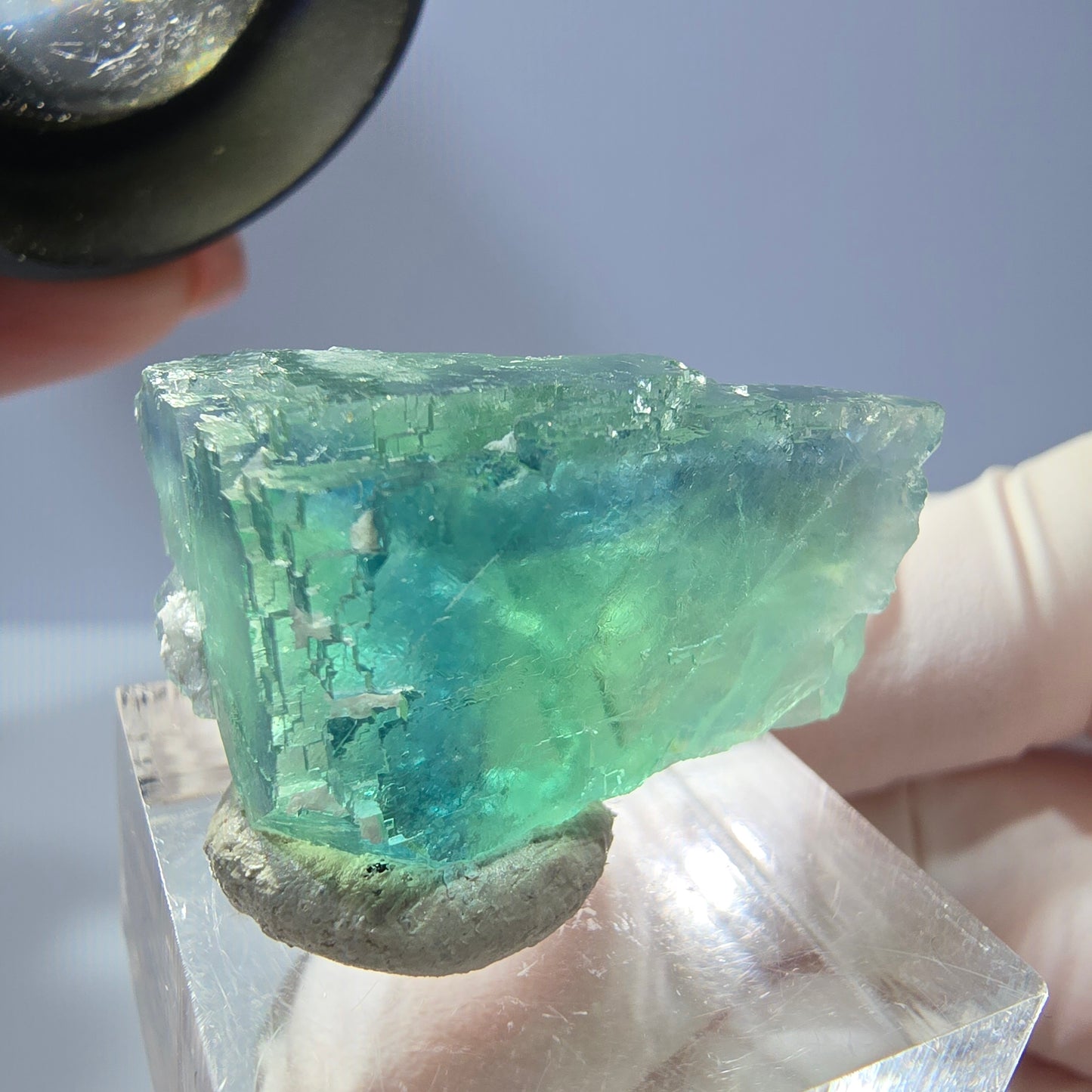 Cube de fluorite fantôme transparente parquetée, vert Okorusu, Namibie 28 x 23 x 18 mm