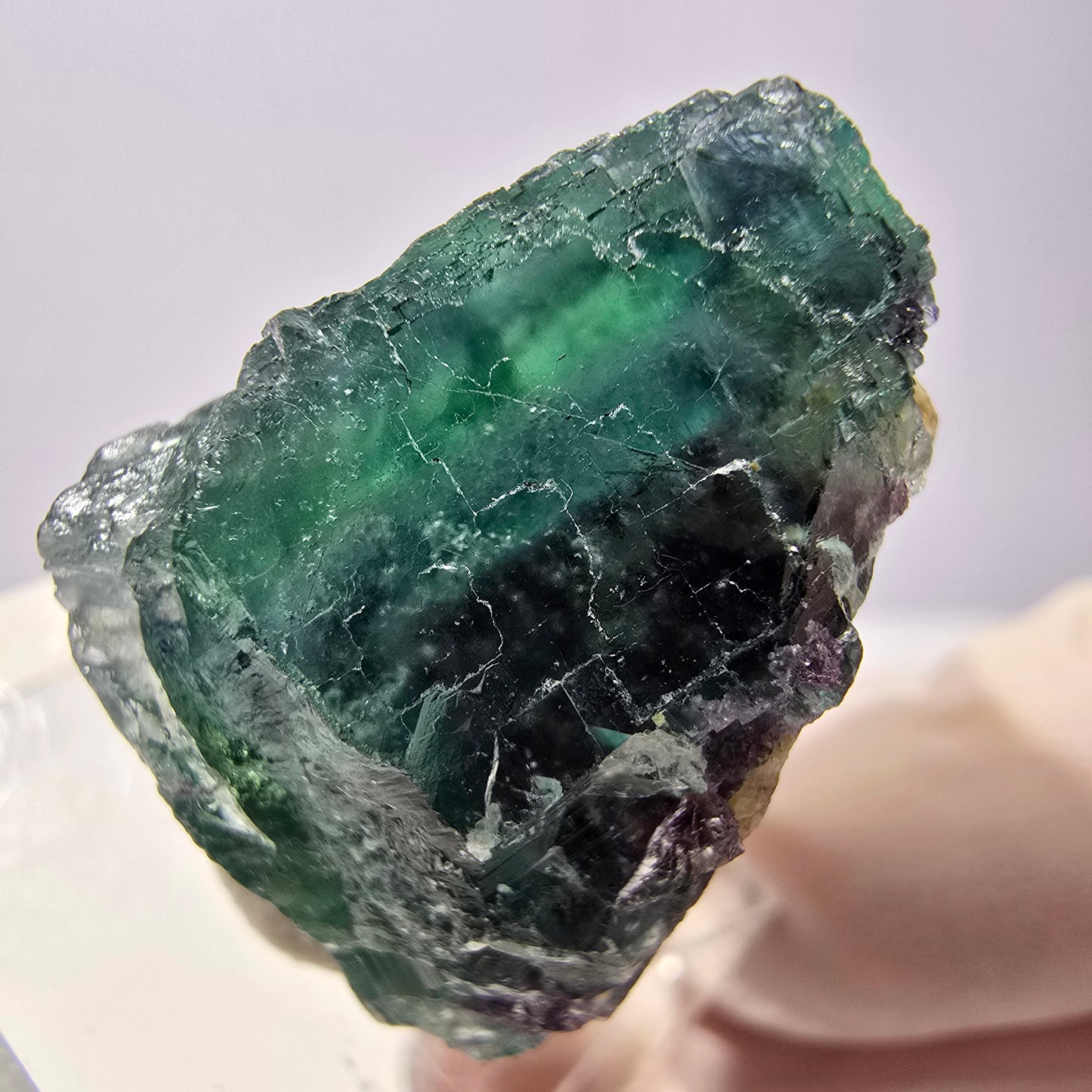 Cristal de fluorite fantôme transparent, cube vert-violet, Okorusu, Namibie, 24 x 24 x 20 mm