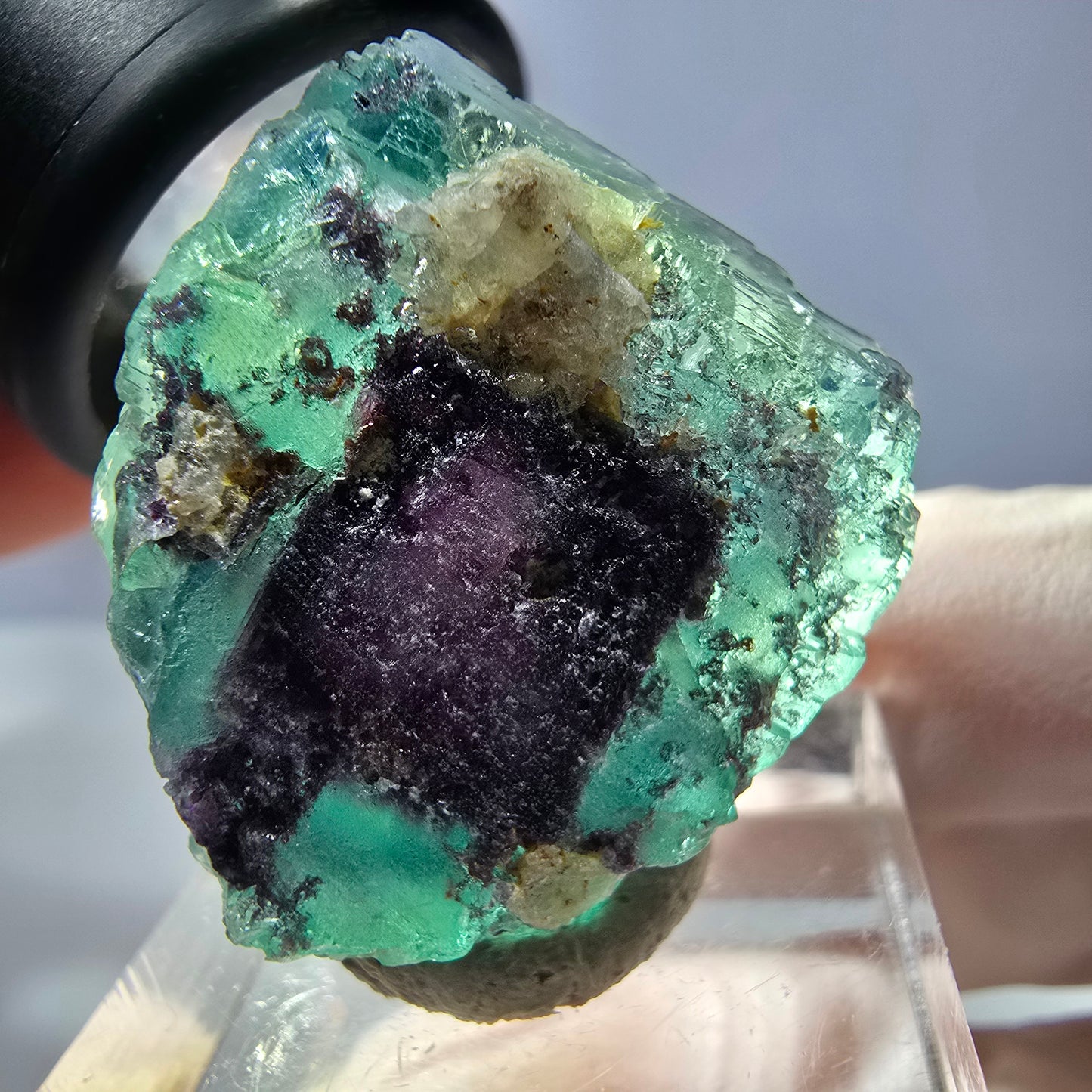 Cristal de fluorite fantôme transparent, cube vert-violet, Okorusu, Namibie, 24 x 24 x 20 mm