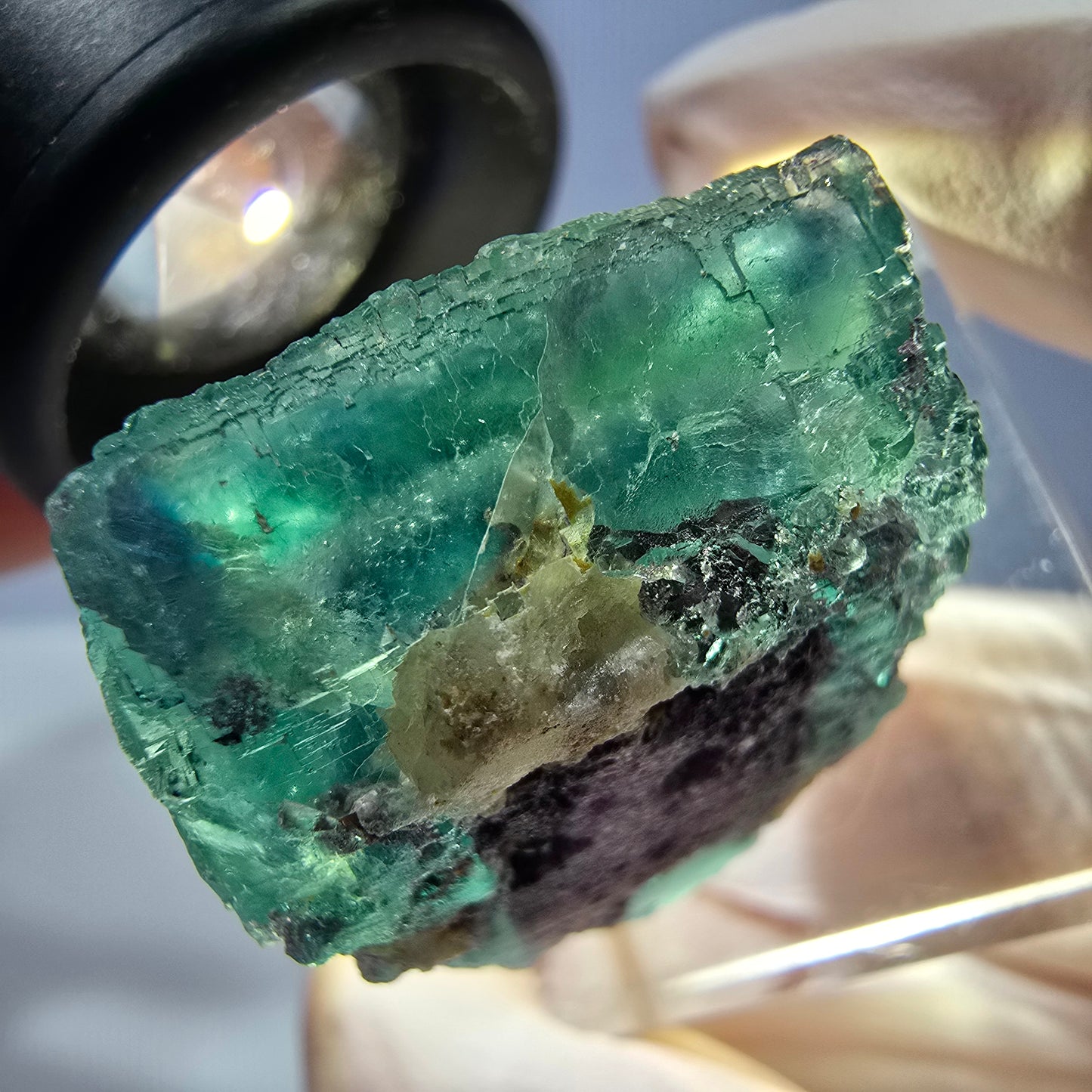 Cristal de fluorite fantôme transparent, cube vert-violet, Okorusu, Namibie, 24 x 24 x 20 mm