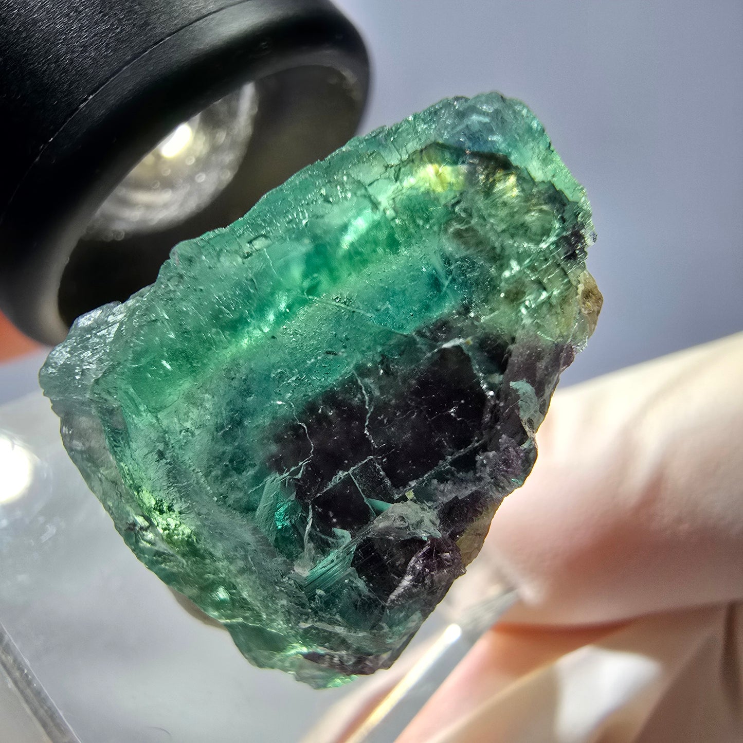 Cristal de fluorite fantôme transparent, cube vert-violet, Okorusu, Namibie, 24 x 24 x 20 mm