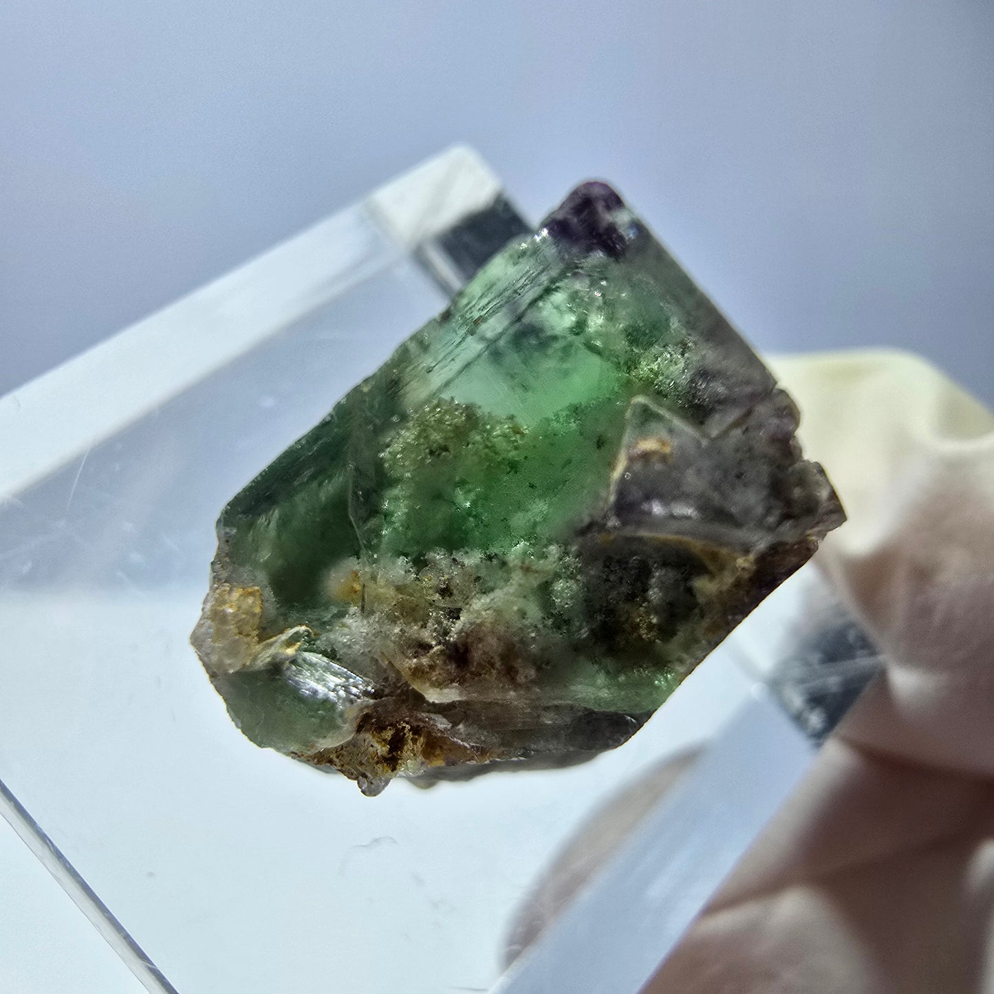 Cube de fluorite fantôme transparente parquetée, vert Okorusu, Namibie 15 x 14 x 12 mm