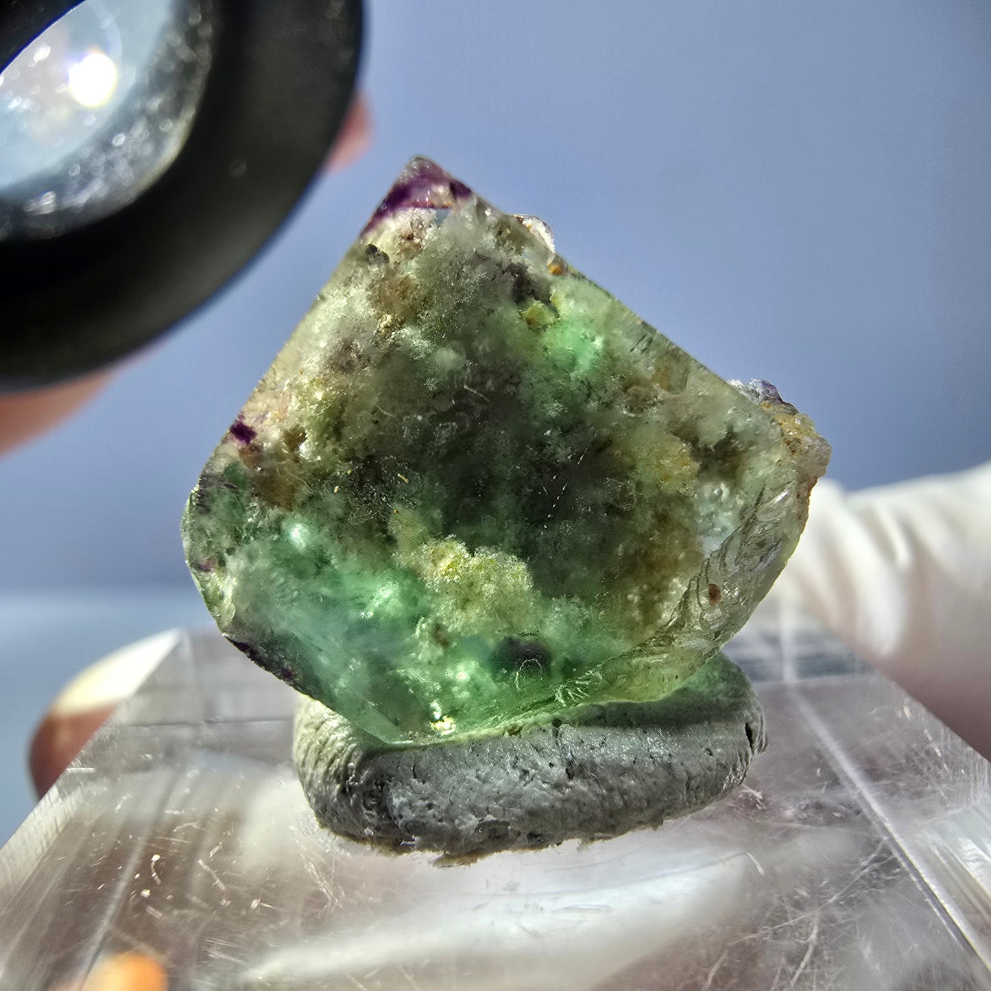 Cube de fluorite fantôme transparente parquetée, vert Okorusu, Namibie 15 x 14 x 12 mm