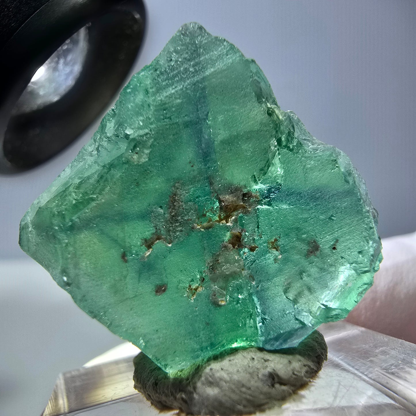 Cube de fluorite fantôme transparente parquetée, vert Okorusu, Namibie 23 x 22 x 15 mm