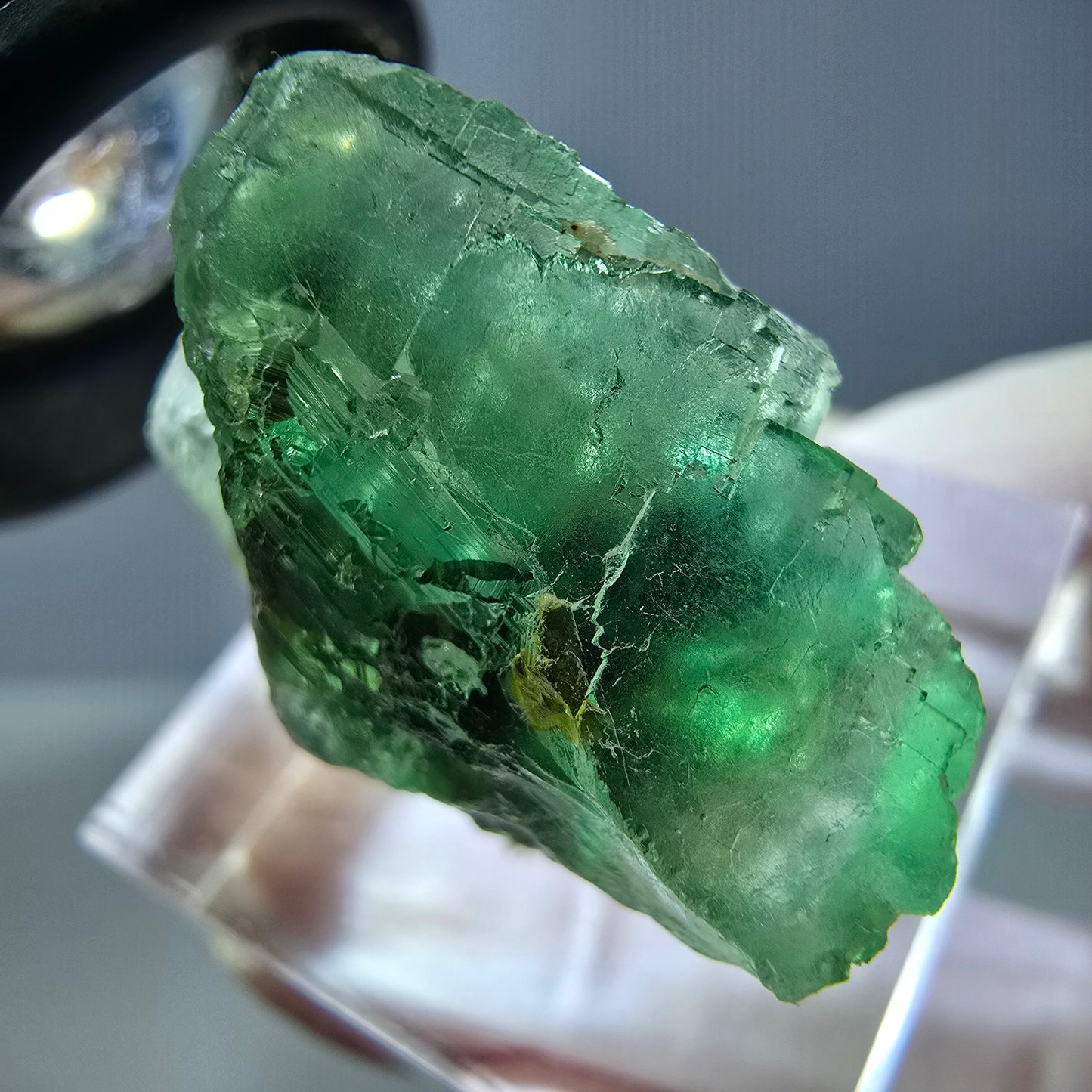 Cube de fluorite fantôme transparente parquetée, vert Okorusu, Namibie 23 x 21 x 15 mm