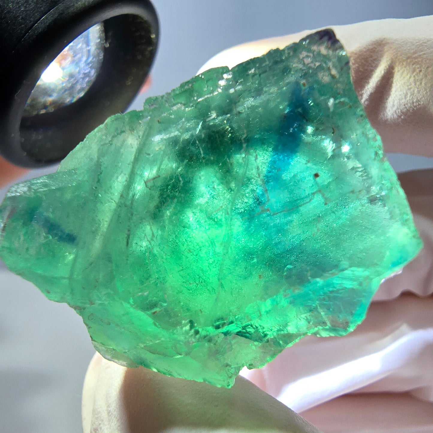 Cube de fluorite fantôme transparente parquetée, vert Okorusu, Namibie 30 x 23 x 21 mm