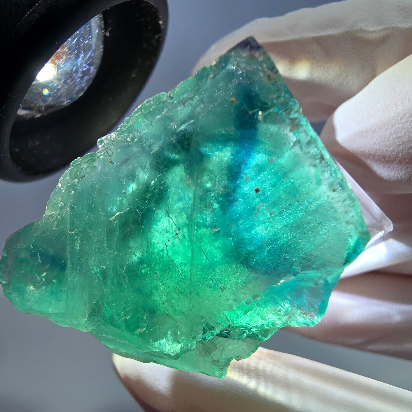 Cube de fluorite fantôme transparente parquetée, vert Okorusu, Namibie 30 x 23 x 21 mm