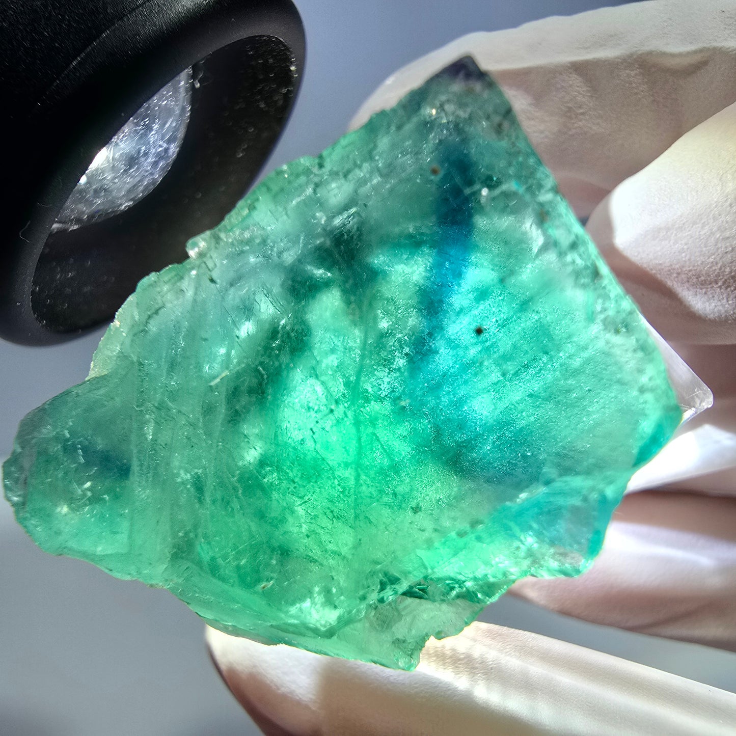 Cube de fluorite fantôme transparente parquetée, vert Okorusu, Namibie 30 x 23 x 21 mm
