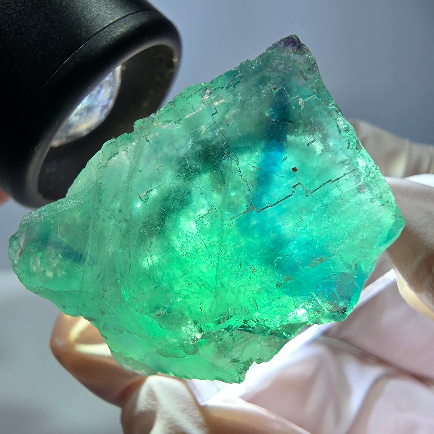 Cube de fluorite fantôme transparente parquetée, vert Okorusu, Namibie 30 x 23 x 21 mm