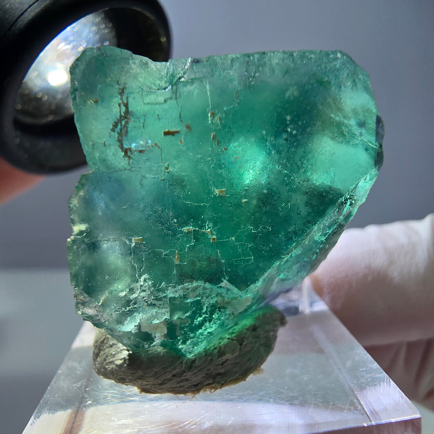 Cube de fluorite fantôme transparente parquetée, vert Okorusu, Namibie 27 x 24 x 23 mm