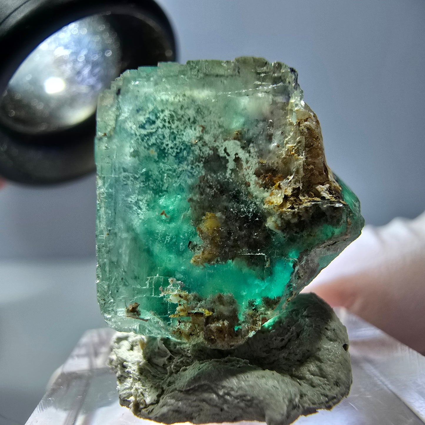 Cube de fluorite fantôme transparente parquetée, vert Okorusu, Namibie 21 x 21 x 19 mm