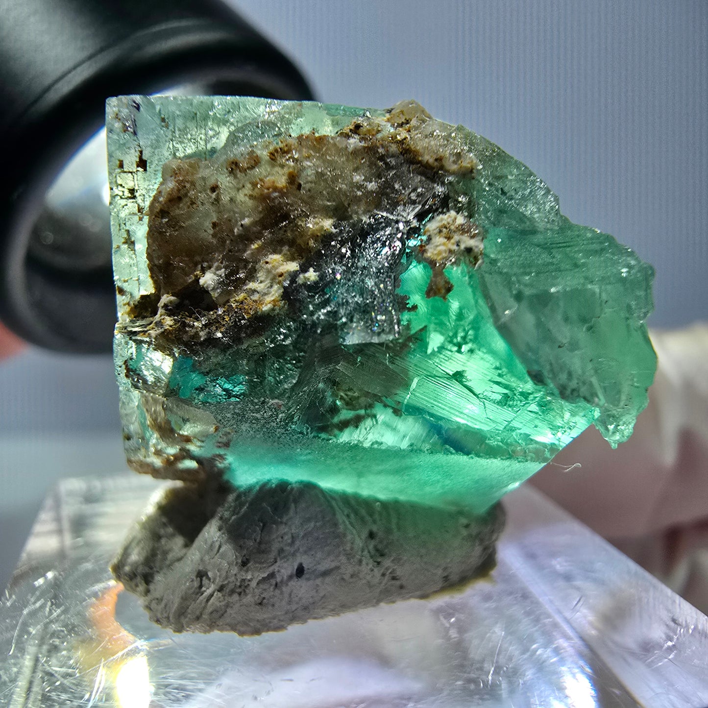 Cube de fluorite fantôme transparente parquetée, vert Okorusu, Namibie 21 x 21 x 19 mm