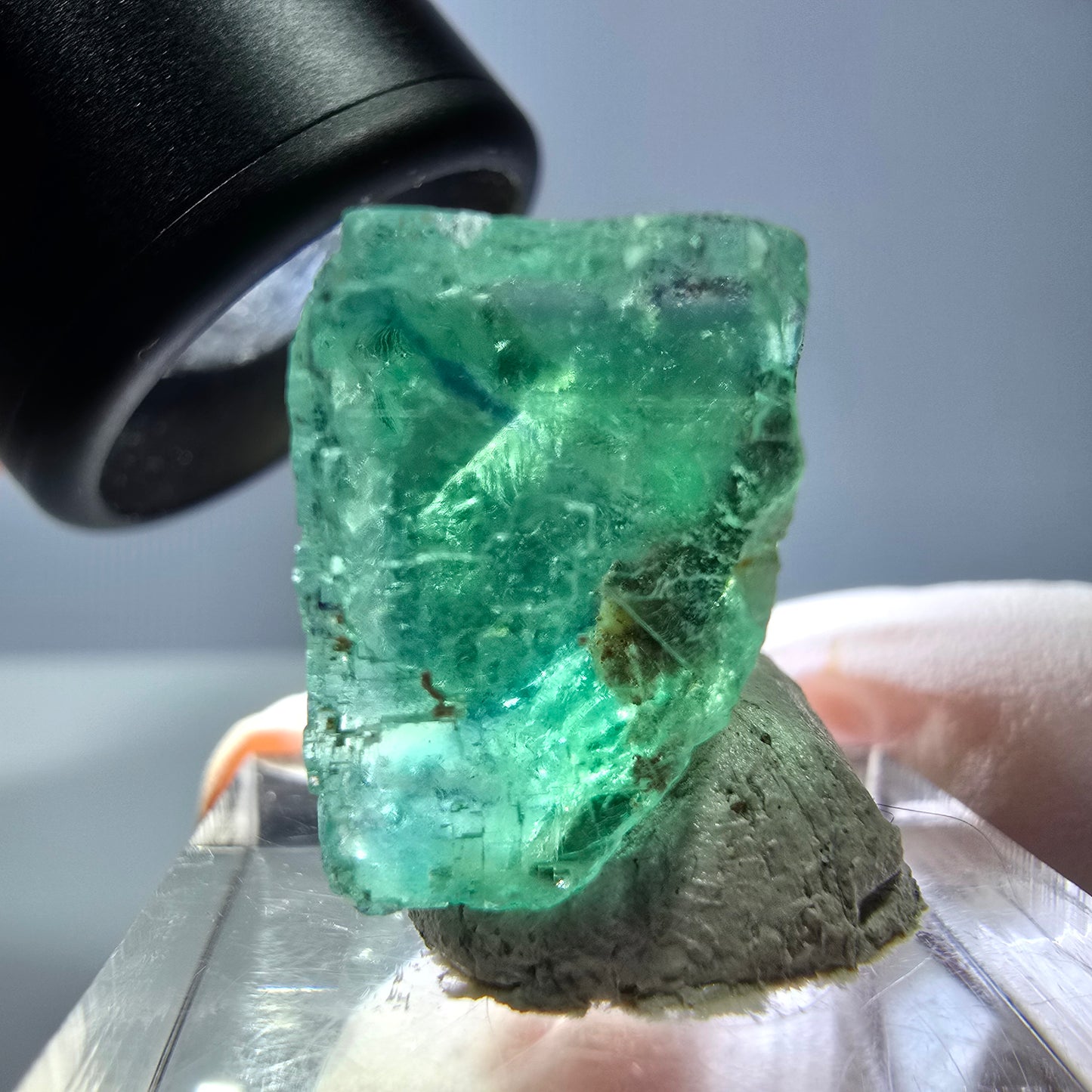Cube de fluorite fantôme transparente parquetée, vert Okorusu, Namibie 19 x 19 x 15 mm