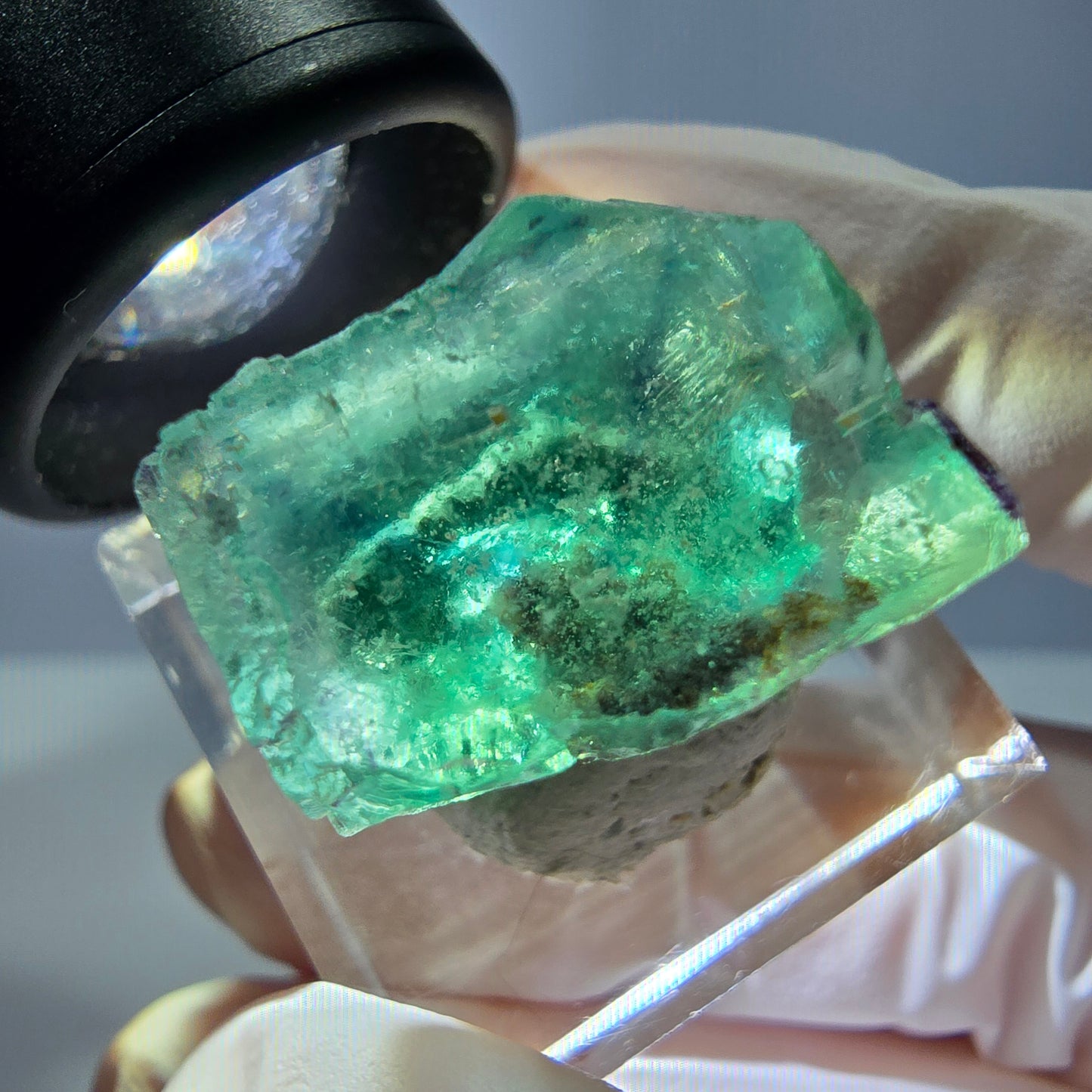 Cube de fluorite fantôme transparente parquetée, vert Okorusu, Namibie 19 x 19 x 15 mm