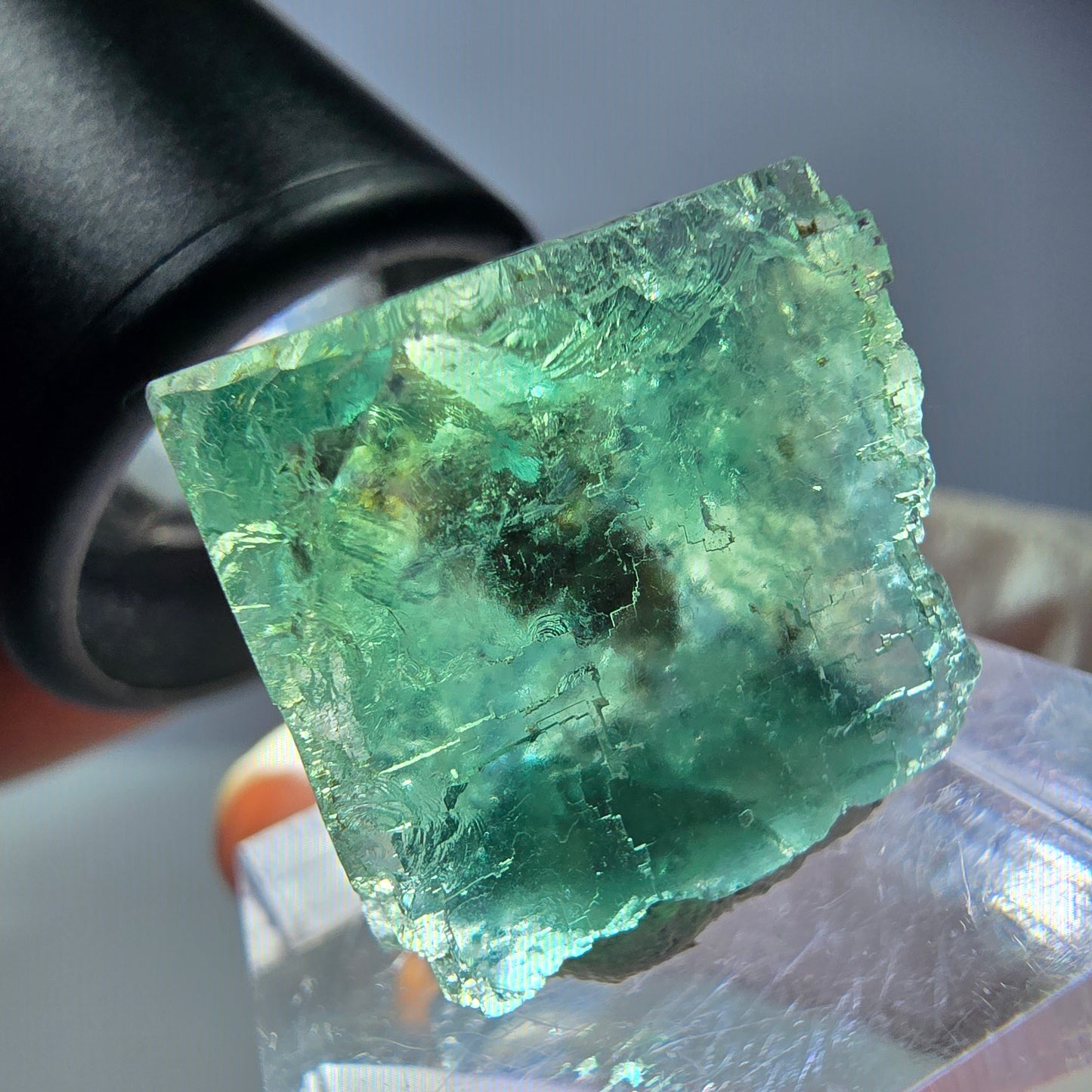 Cube de fluorite fantôme transparente parquetée, vert Okorusu, Namibie 19 x 19 x 15 mm