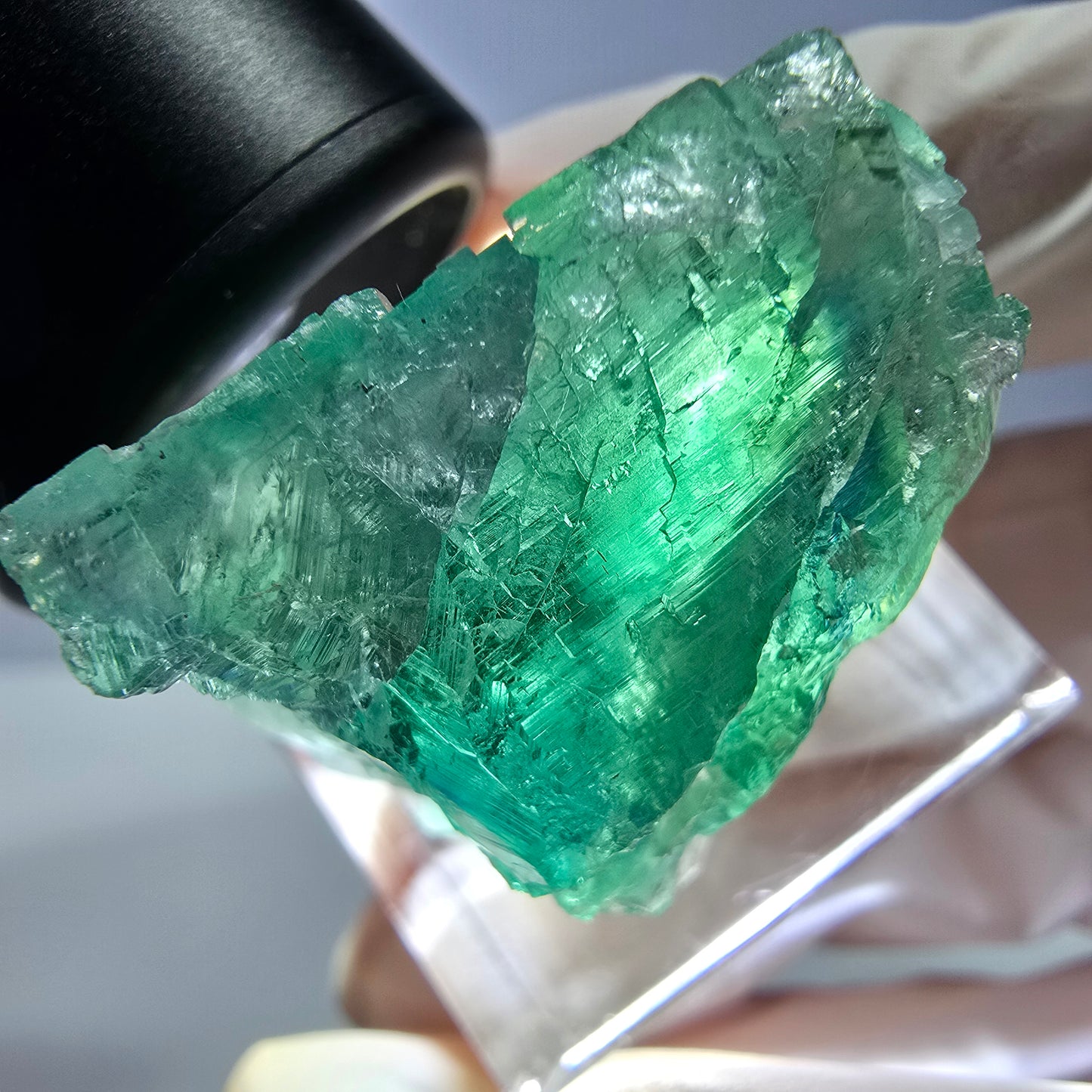 Cube de fluorite fantôme transparente parquetée, vert Okorusu, Namibie 28 x 24 x 20 mm