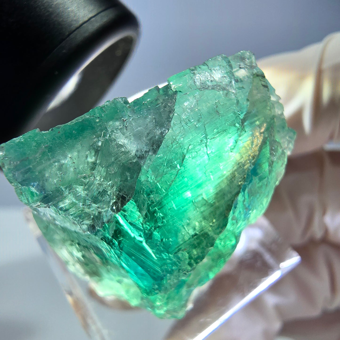 Cube de fluorite fantôme transparente parquetée, vert Okorusu, Namibie 28 x 24 x 20 mm