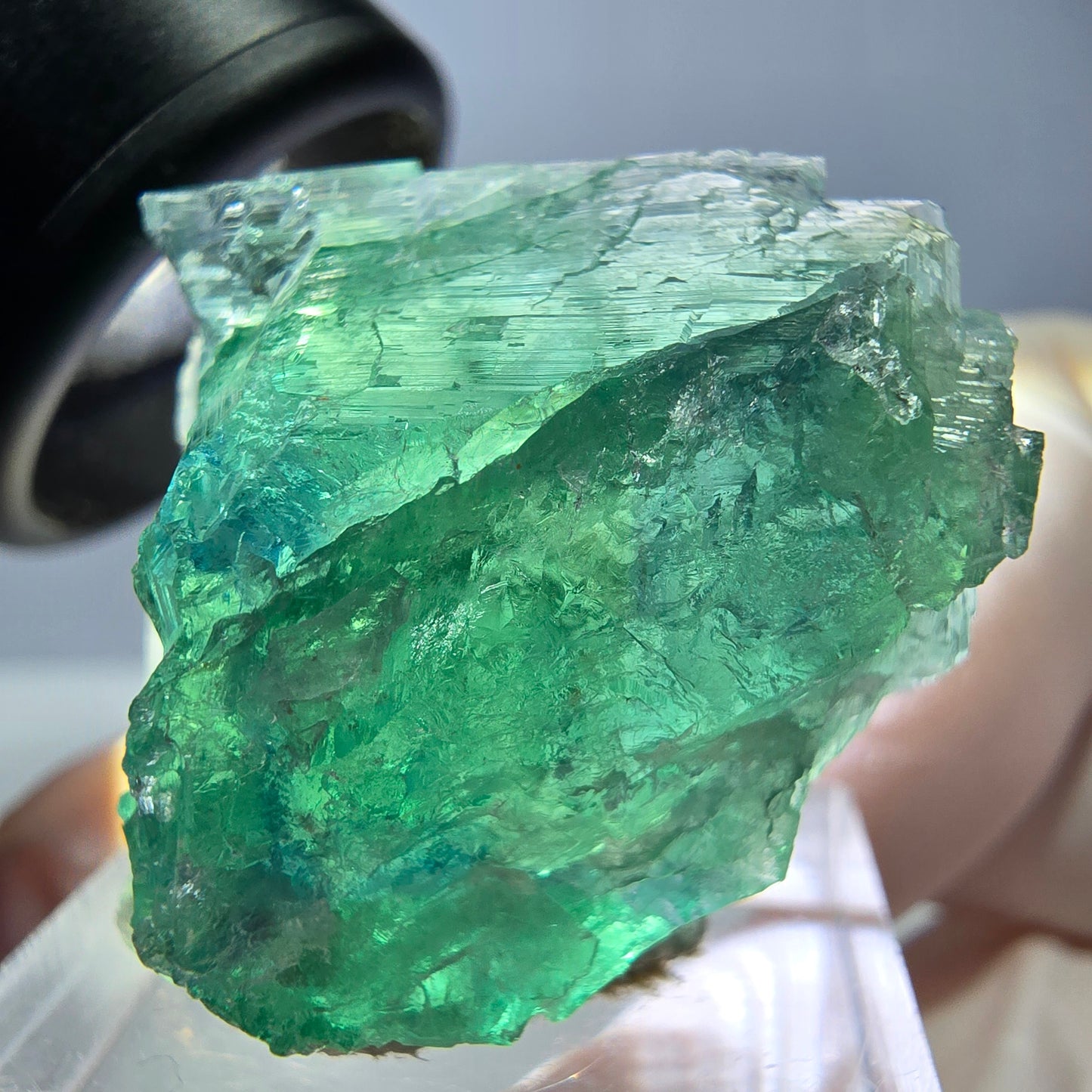 Cube de fluorite fantôme transparente parquetée, vert Okorusu, Namibie 28 x 24 x 20 mm