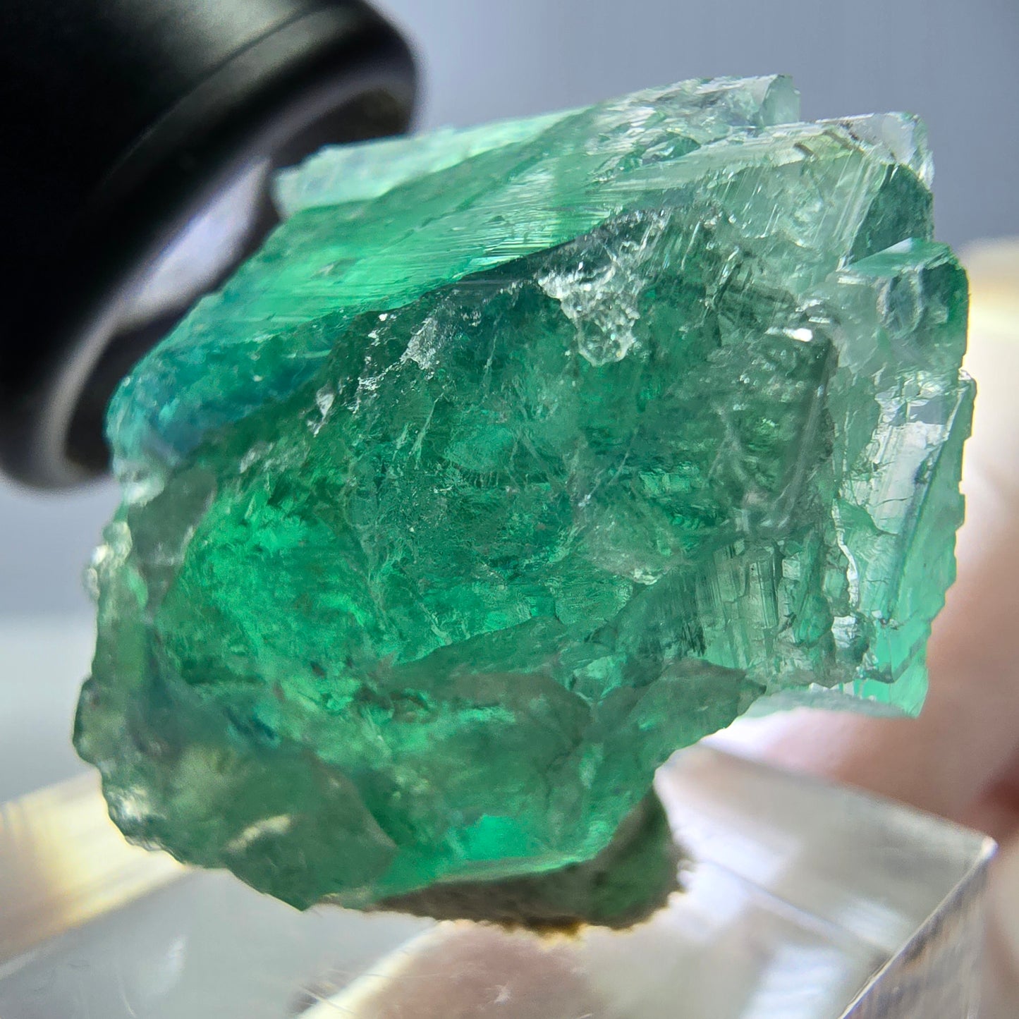 Cube de fluorite fantôme transparente parquetée, vert Okorusu, Namibie 28 x 24 x 20 mm