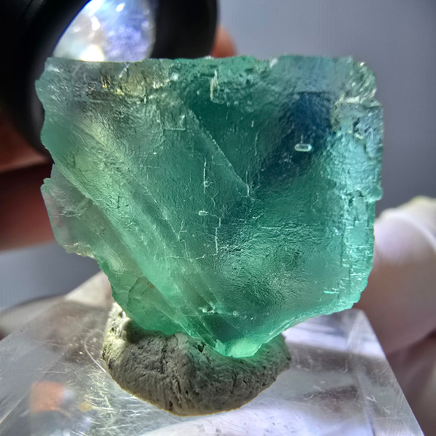 Cube de fluorite fantôme transparente parquetée, vert Okorusu, Namibie 21 x 21 x 19 mm