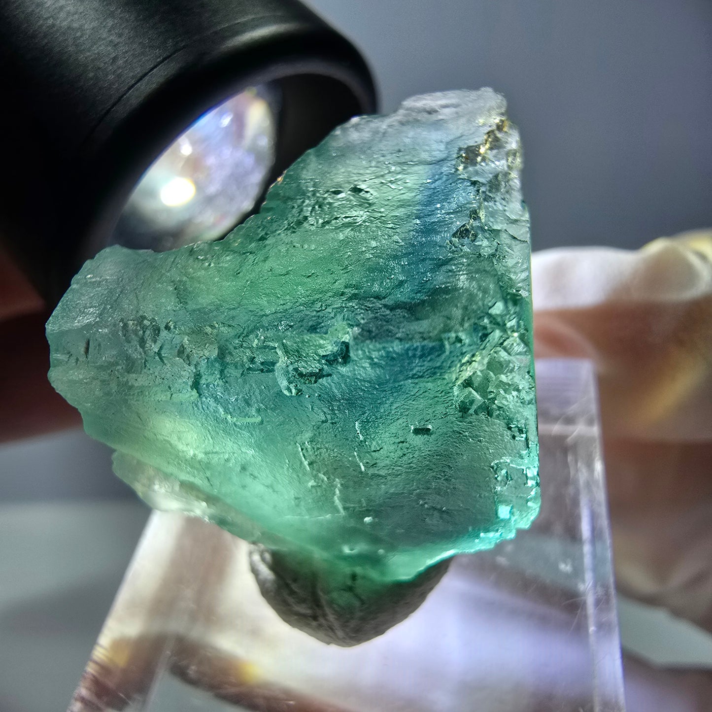 Cube de fluorite fantôme transparente parquetée, vert Okorusu, Namibie 21 x 21 x 19 mm