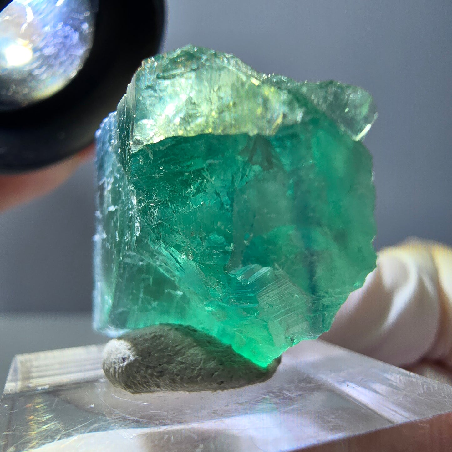 Cube de fluorite fantôme transparente parquetée, vert Okorusu, Namibie 28 x 21 x 10 mm