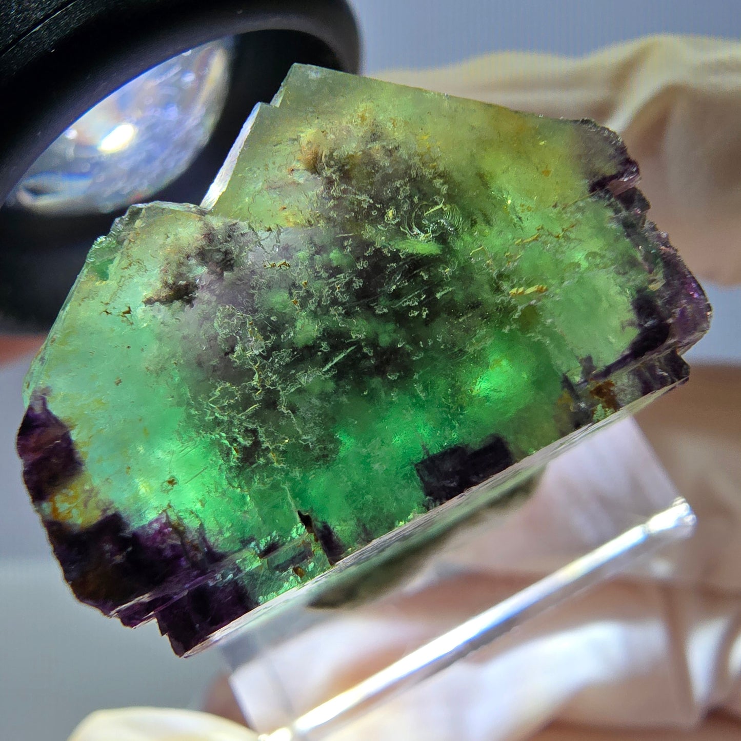Cube de fluorite fantôme parqueté, zonal, vert violet Okorusu, Namibie 24*22*17mm
