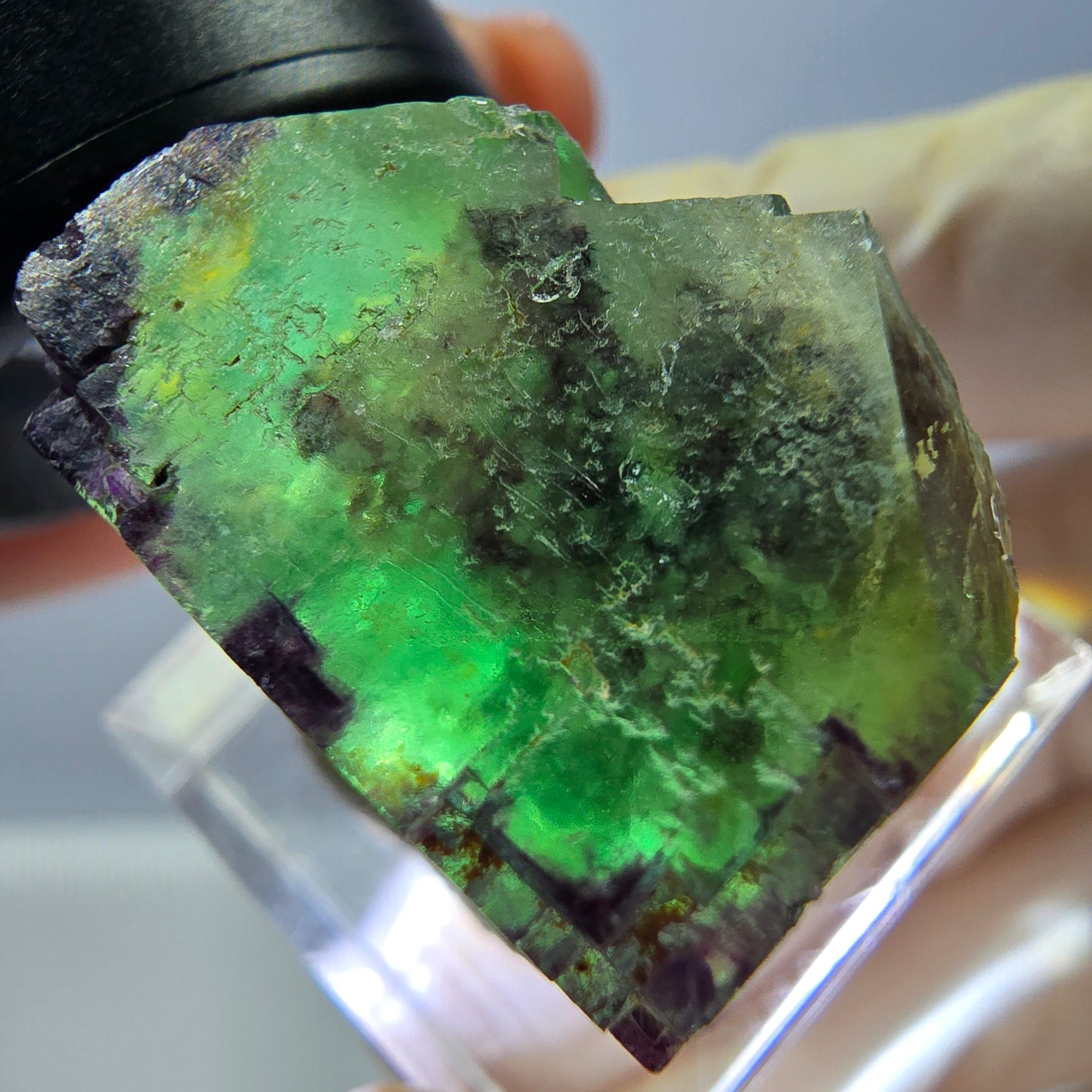 Cube de fluorite fantôme parqueté, zonal, vert violet Okorusu, Namibie 24*22*17mm