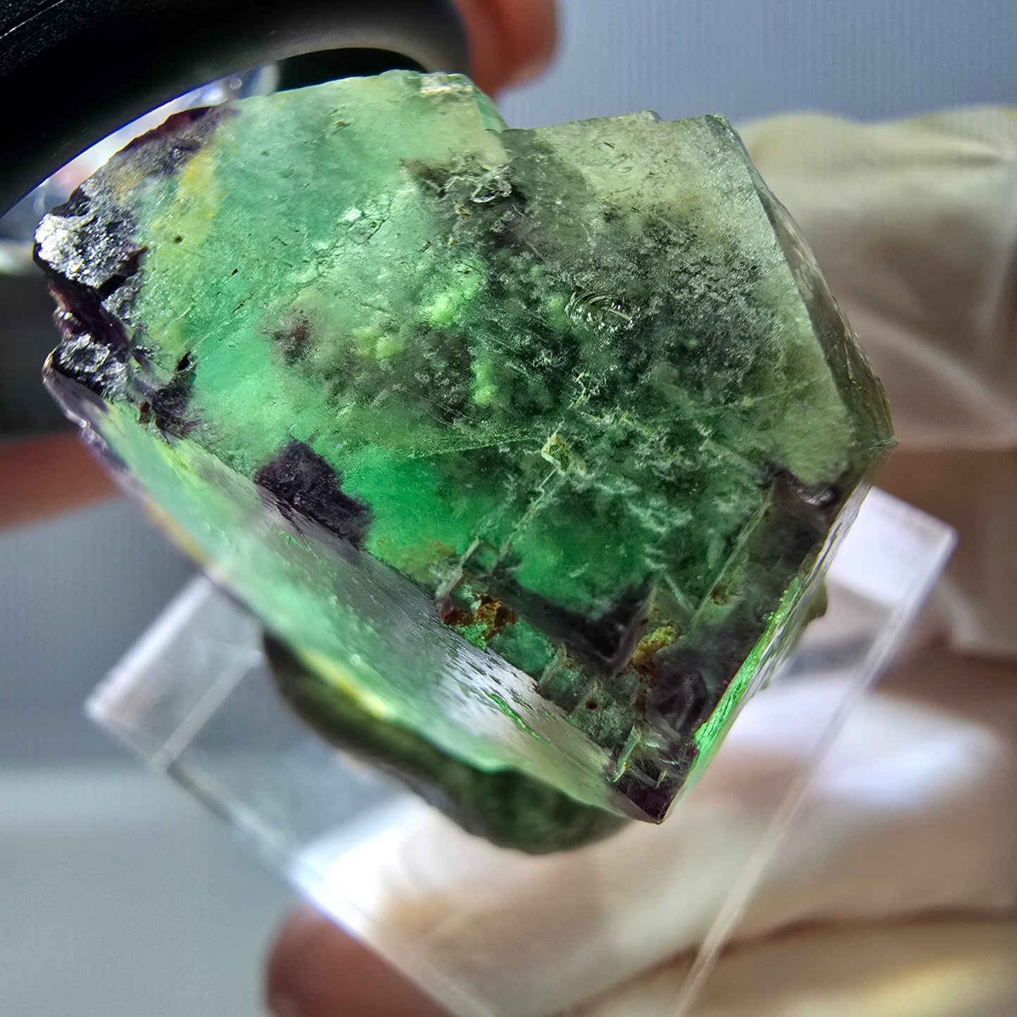 Cube de fluorite fantôme parqueté, zonal, vert violet Okorusu, Namibie 24*22*17mm