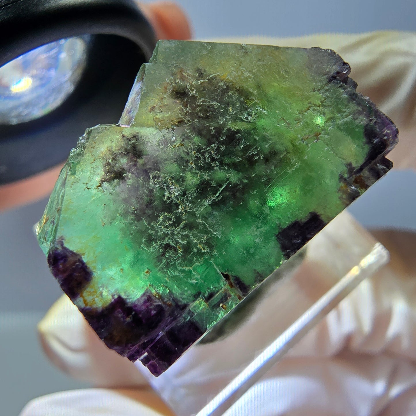 Cube de fluorite fantôme parqueté, zonal, vert violet Okorusu, Namibie 24*22*17mm