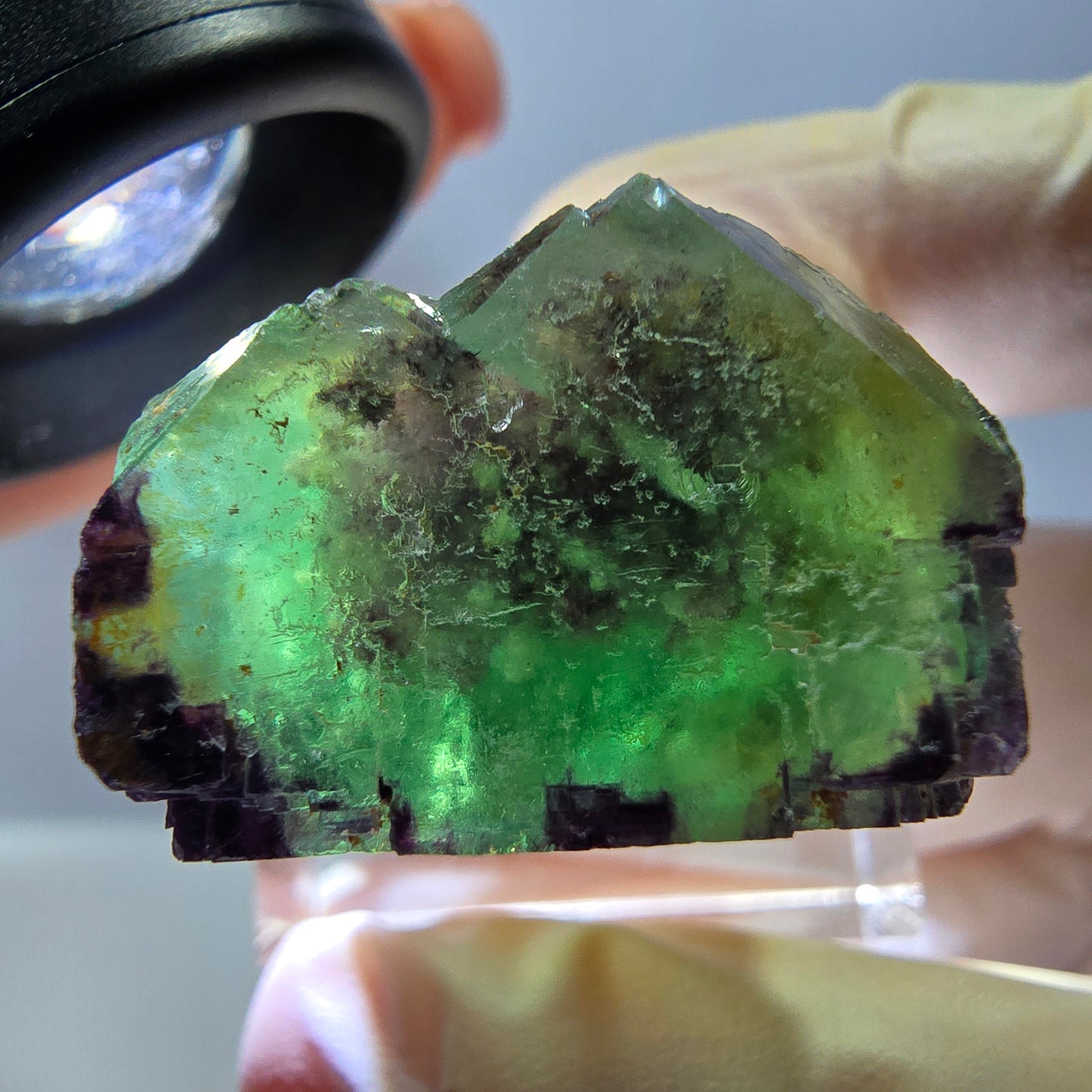 Cube de fluorite fantôme parqueté, zonal, vert violet Okorusu, Namibie 24*22*17mm