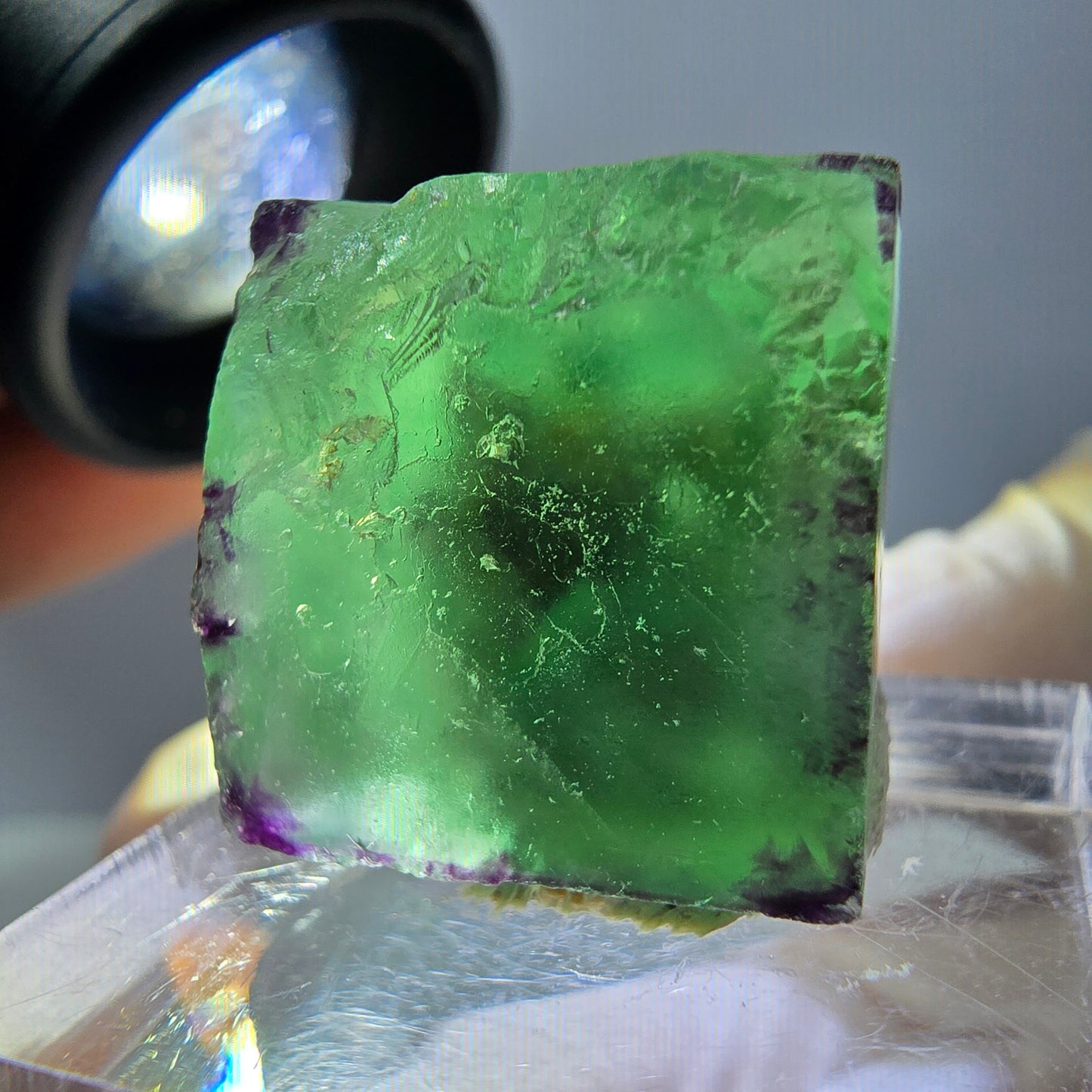 Cube de fluorite fantôme parqueté, zonal, vert violet Okorusu, Namibie 18*17*15mm