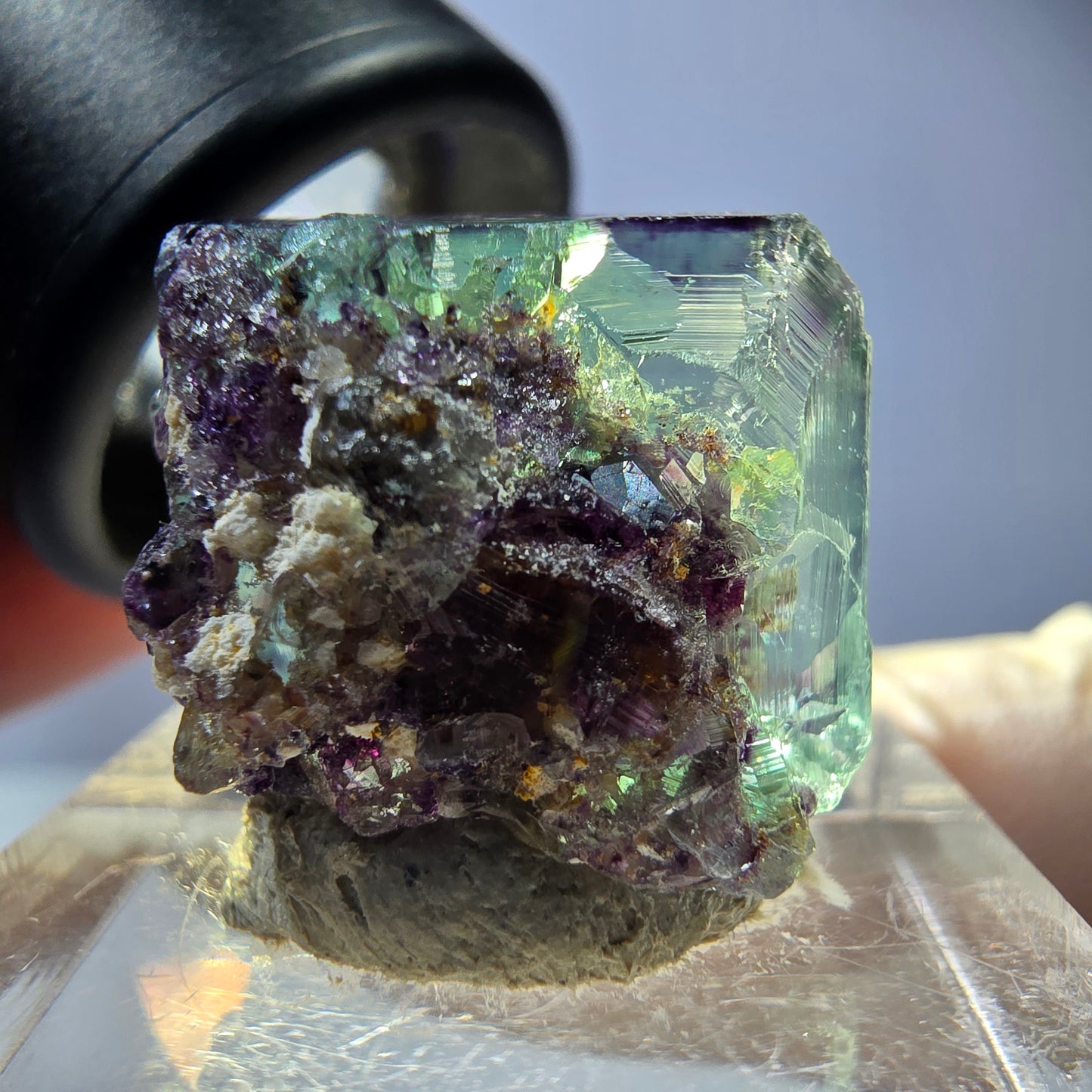 Klarer Phantom Fluorit Würfel, grün lila Okorusu, Namibia 18*16*15mm