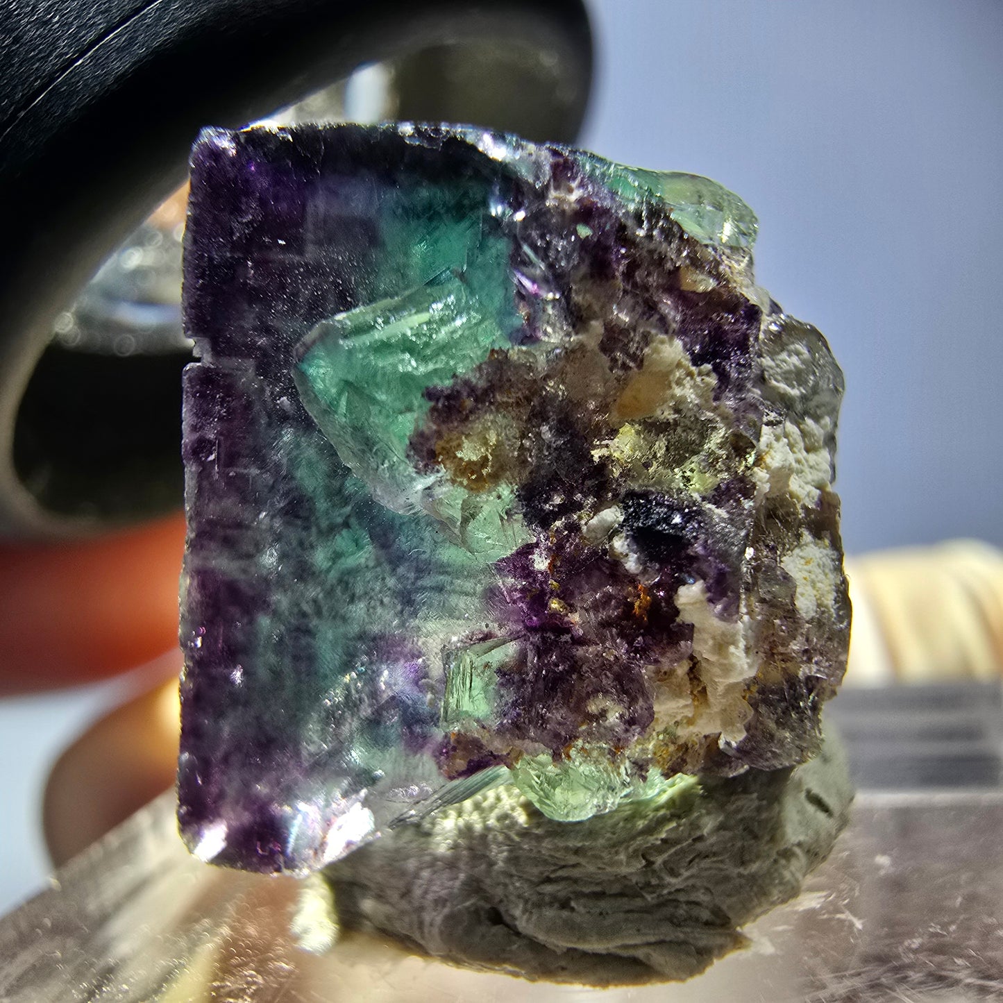 Klarer Phantom Fluorit Würfel, grün lila Okorusu, Namibia 18*16*15mm